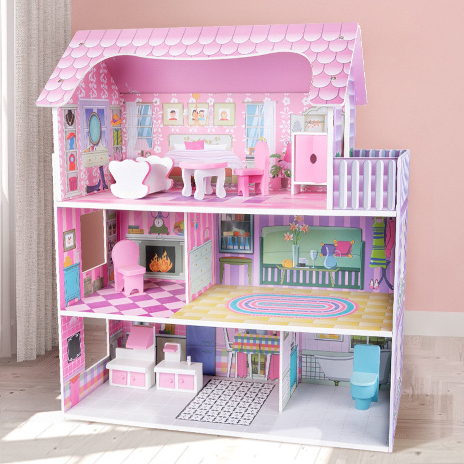 OSTWOLKE Puppenhaus Puppenstube Holz Spielhaus Stadtvilla günstig online kaufen