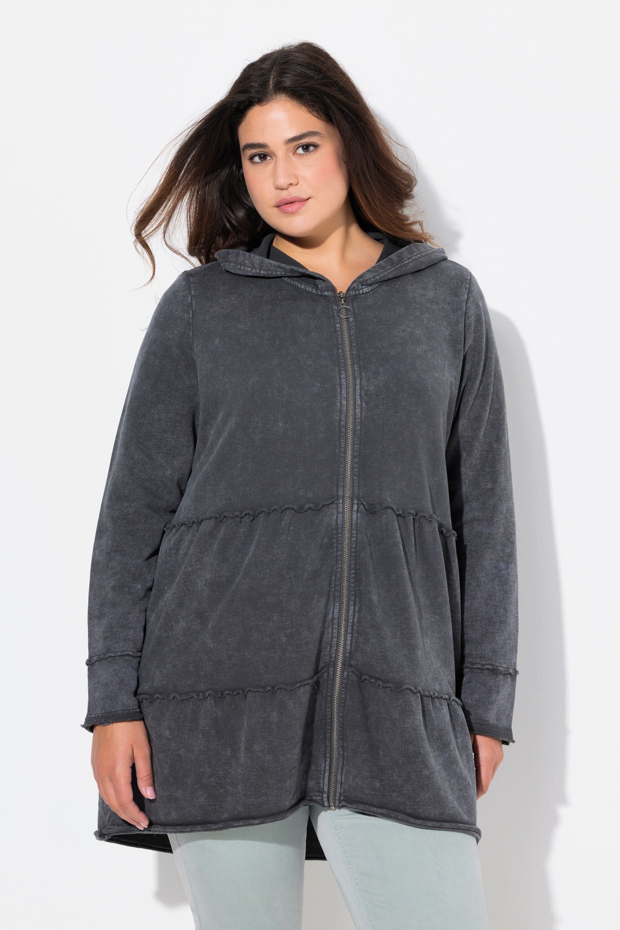 Ulla Popken Sweatjacke Long-Hoodiejacke Vintage-Look A-Linie günstig online kaufen