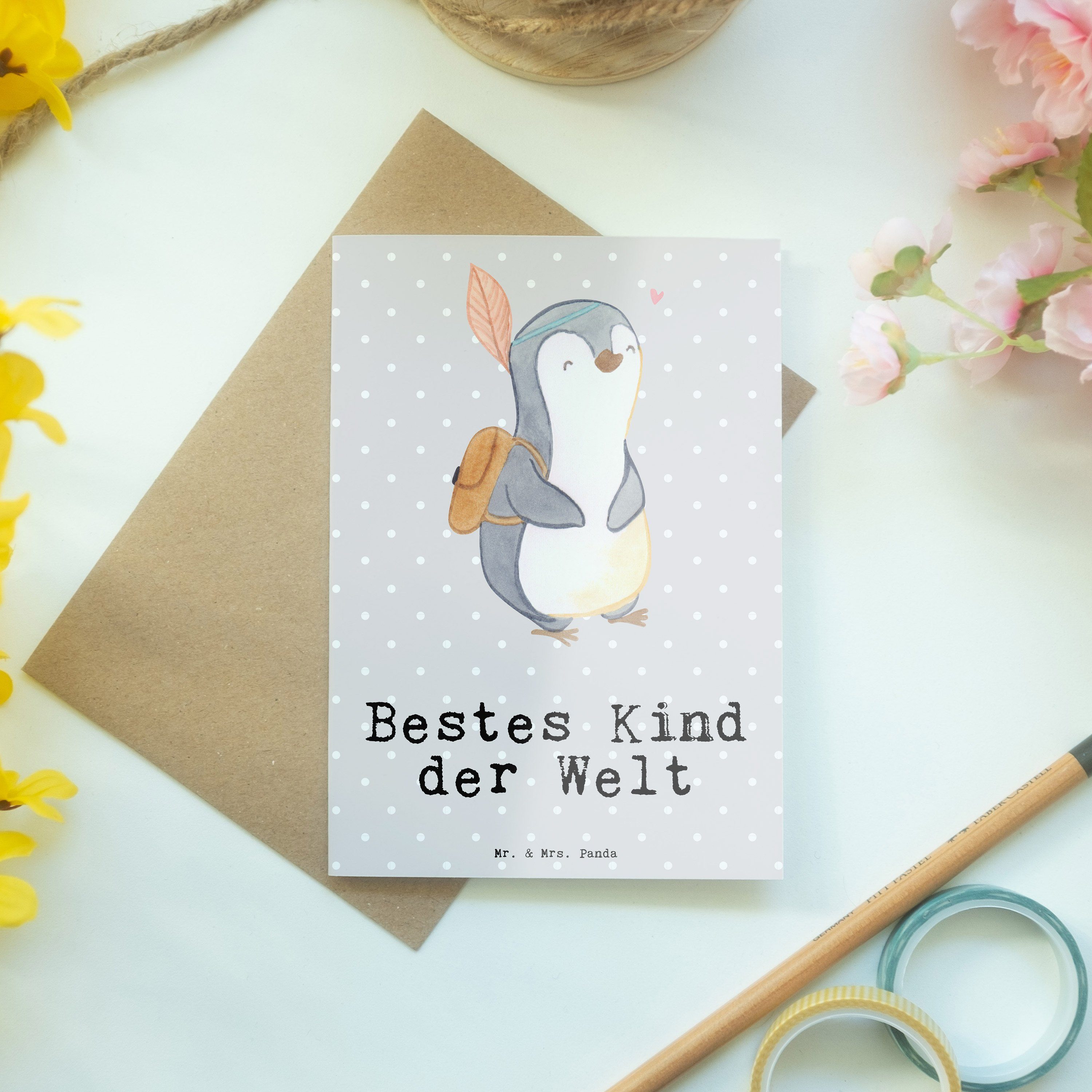 Pinguin Klappkarte, - & Grau Mr. Geschenk, Welt Kind Bestes Mrs. Grußkarte Panda G - der Pastell
