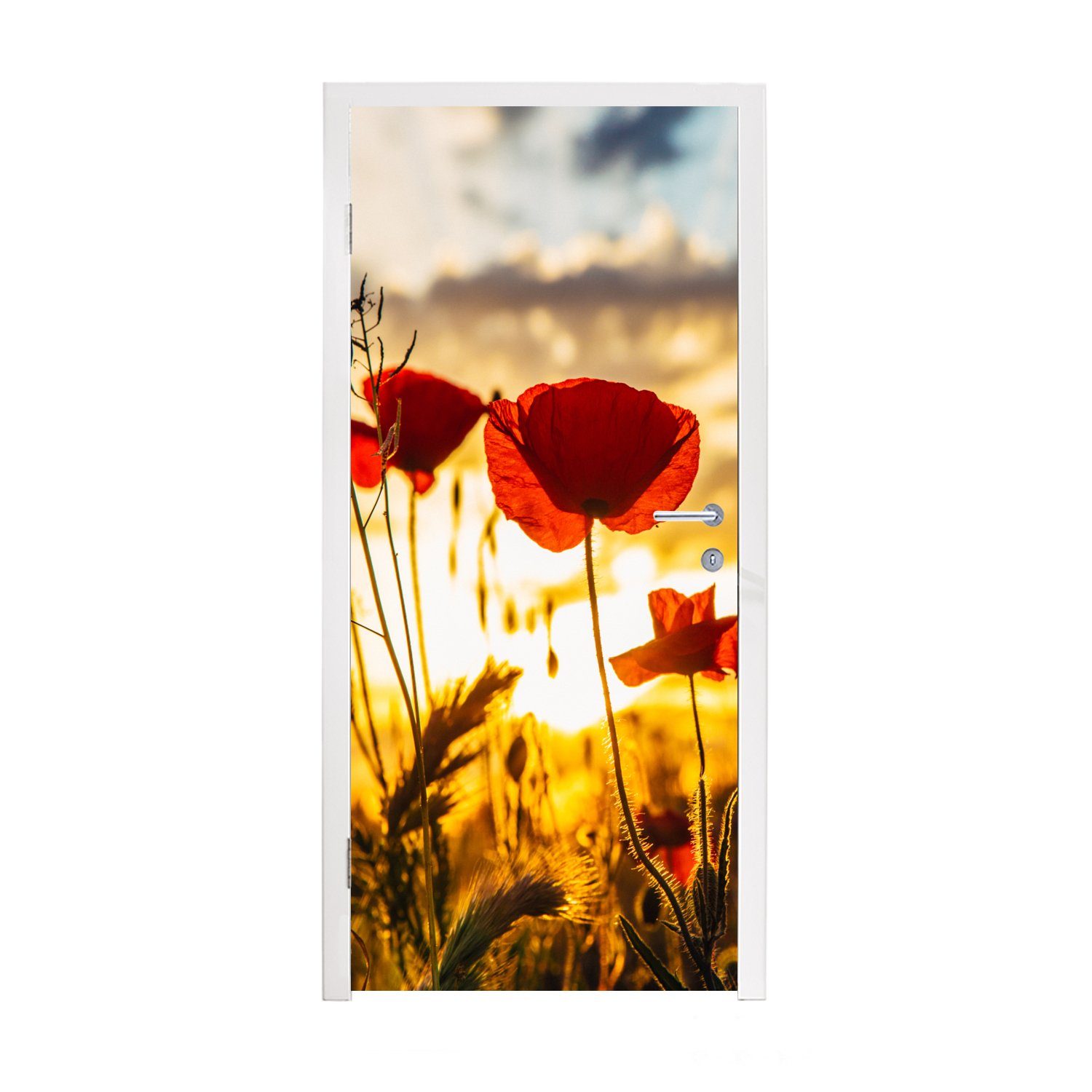MuchoWow Türtapete Rote Mohnblumen bei Sonnenaufgang, Matt, bedruckt, (1 St), Fototapete für Tür, Türaufkleber, 75x205 cm