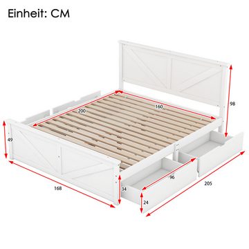 Welikera Bett 160x200cm Einfaches Holzpritschenbett mit vier Schubladen,Grau/Weiss, Holzbett,Bett,Stauraumbett,Palettenbett