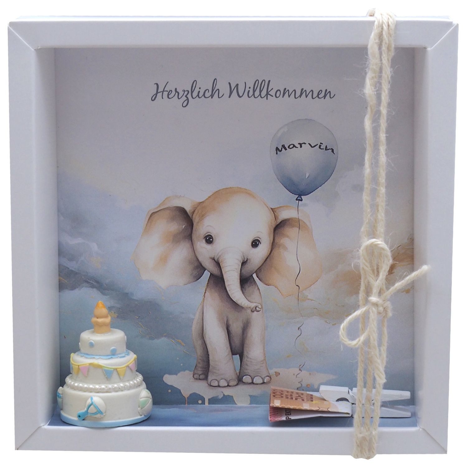 ZauberDeko Geschenkbox Taufe Geldgeschenk Verpackung MIT NAMEN Elefant Blau Geburt