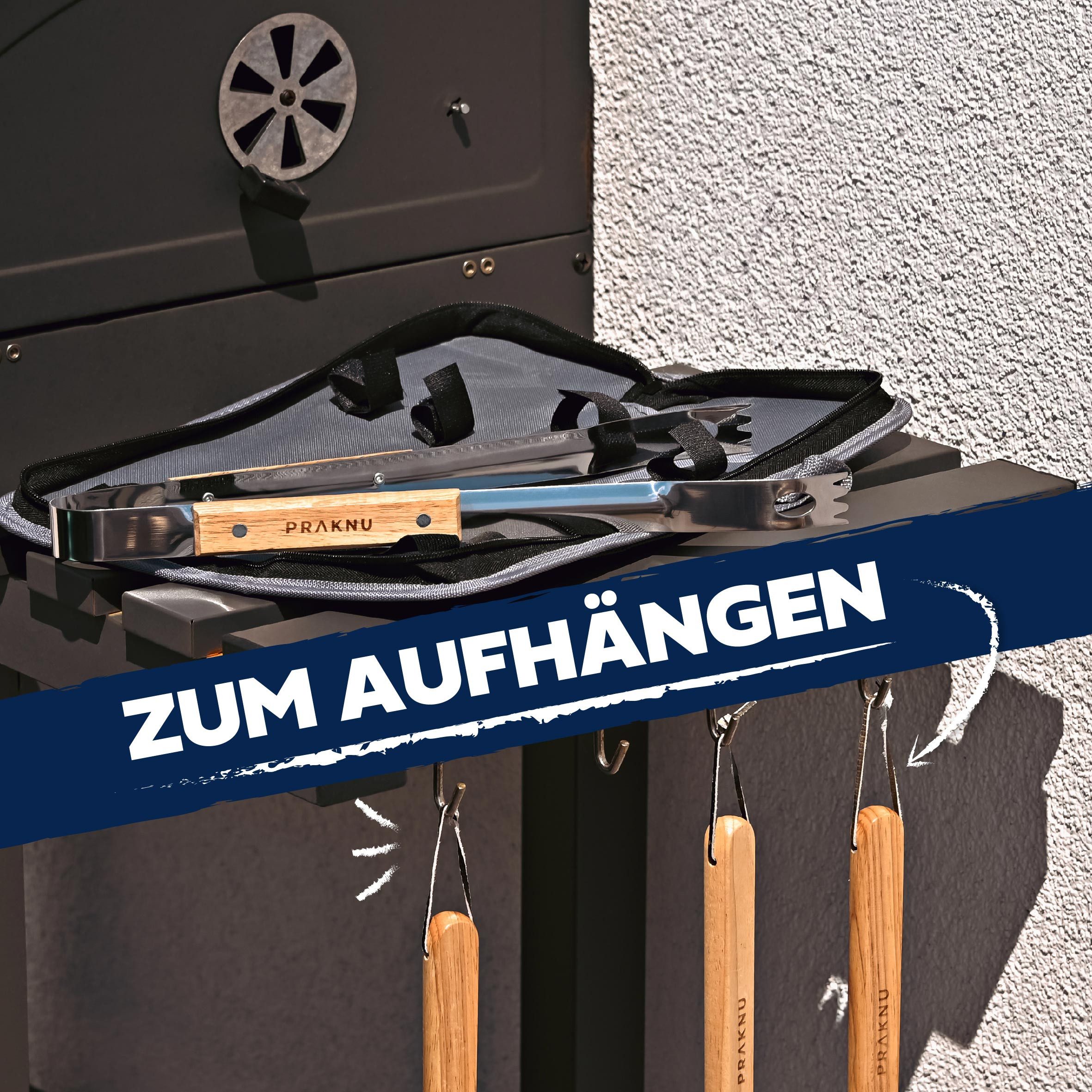 Praknu Grillbesteck-Set Grill-Zubehör mit Holzgriffen & Tragetasche - hitzebeständig, rostfrei, (4-teiliges Set, 4 tlg., 1x Grillzange, Grillwender, Grillgabel, – Bild 5 von 5