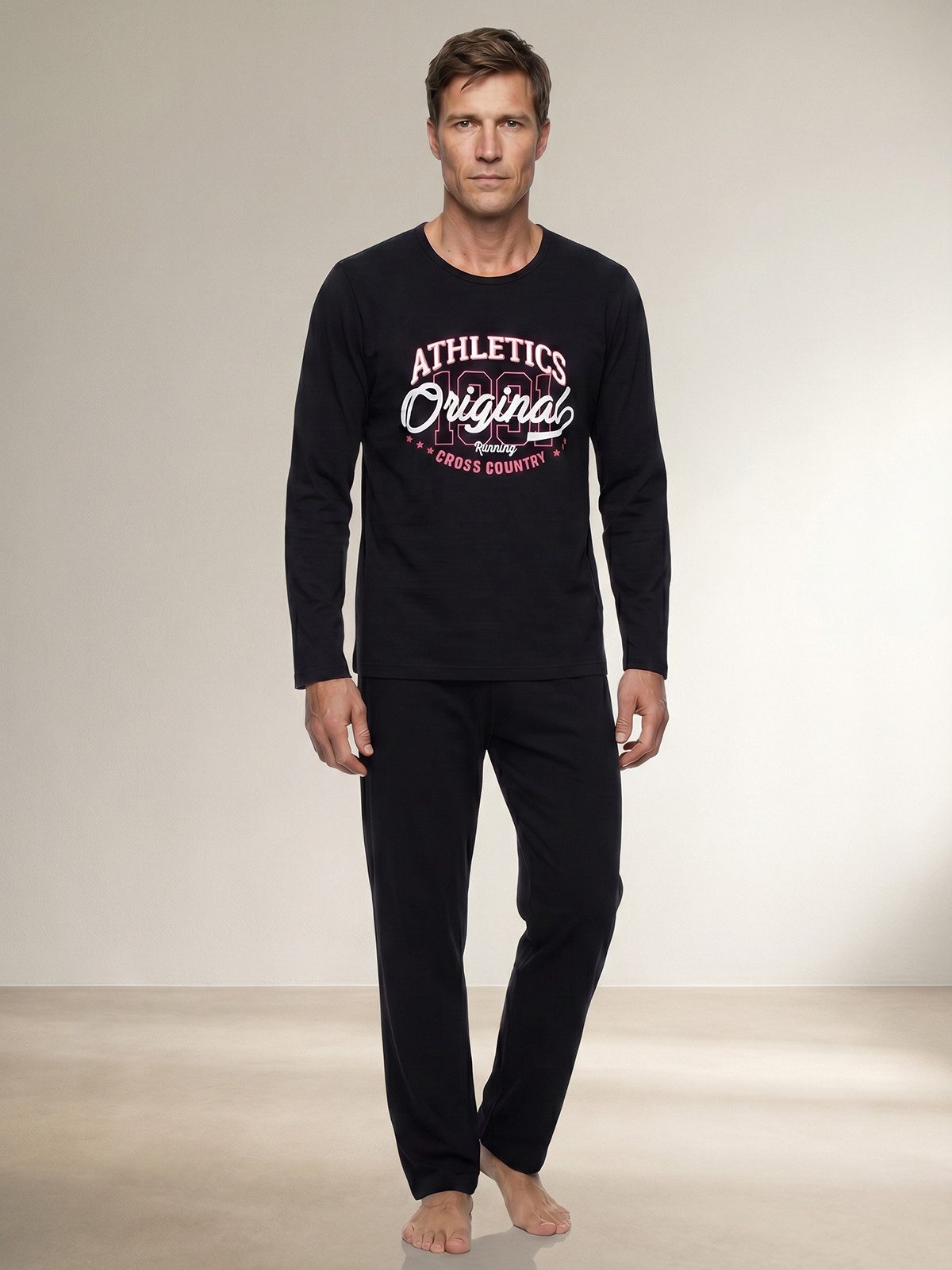 Henry Terre Pyjama Langarm - Mit Aufdruck im Shirt Look komfortabler Schnitt ohne Knöpfe