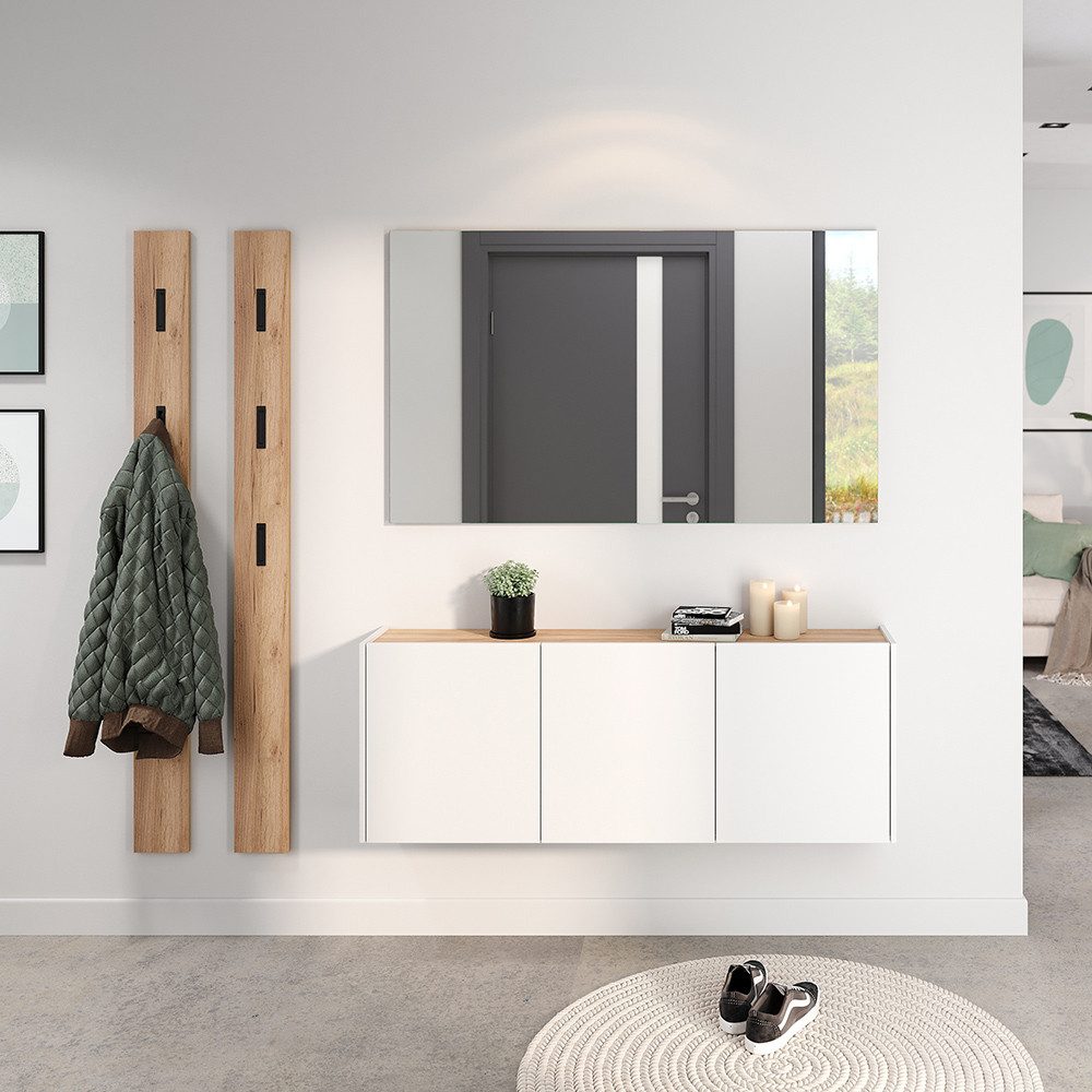 Lomadox Schuhschrank LAPUA-01 Schuhkommode Flurschrank, weiß mit Eiche, grifflos