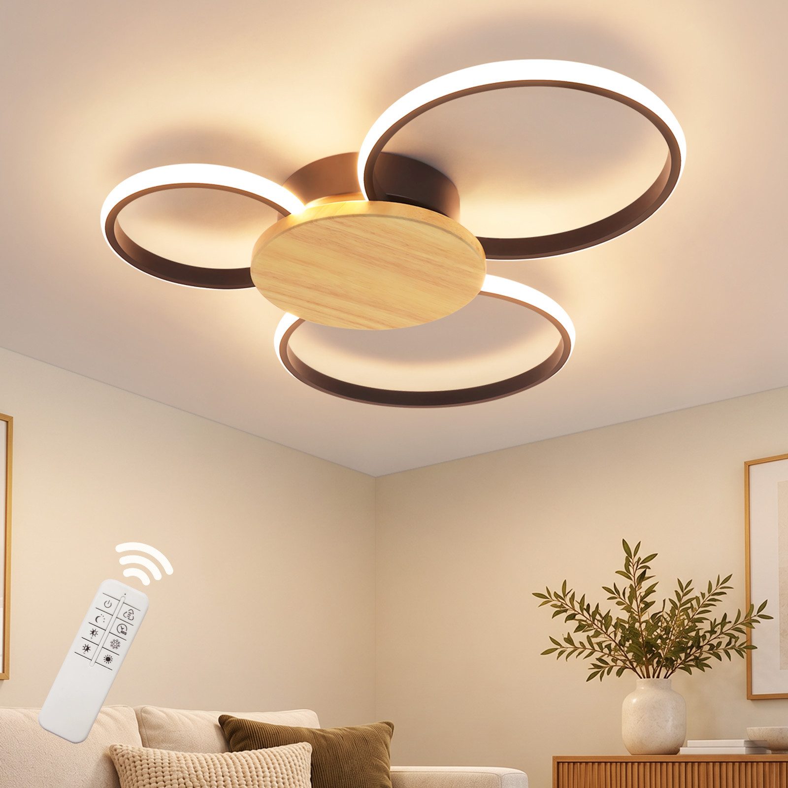 Nettlife LED Deckenleuchte Holz Modern Schwarz,Deckenleuchte Dimmbar Fernbedienung 2/3/4-Ringe, LED fest integriert, fürEsszimmer Küche Flur Büro Wohnzimmer