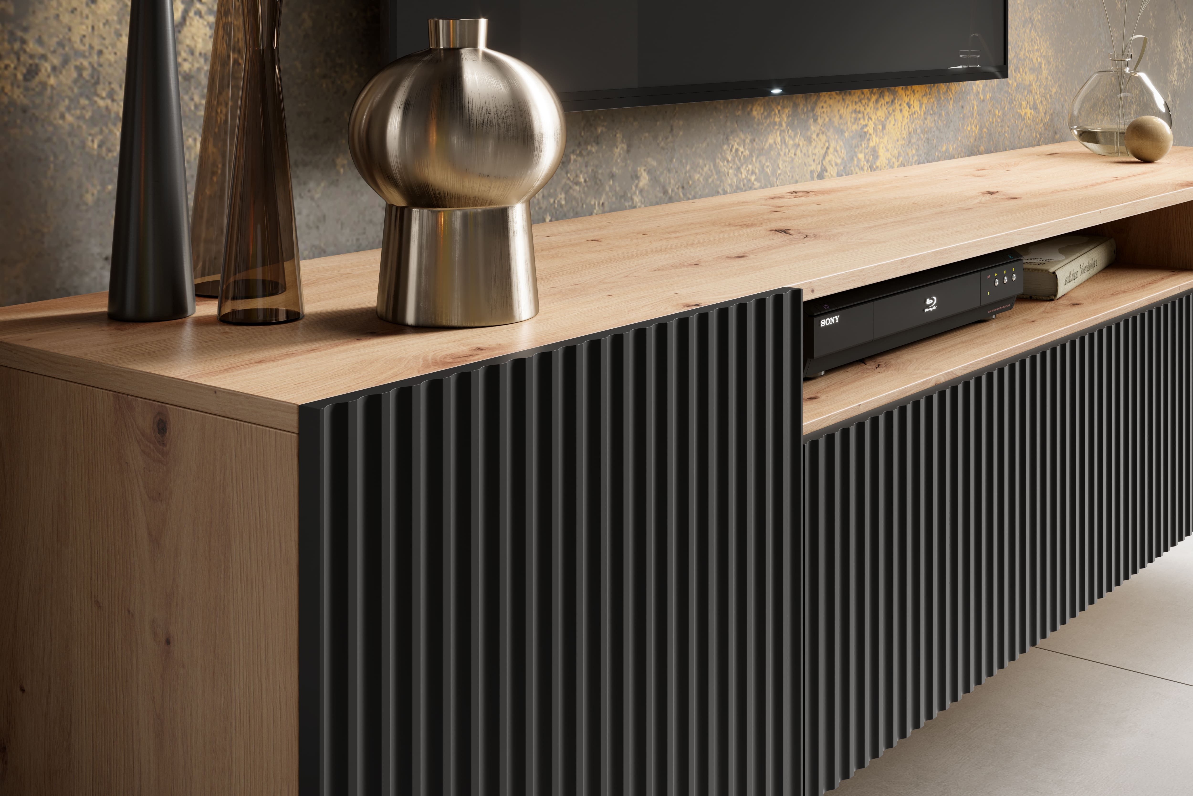 MOEBLO TV-Board VIRENO (TV-Schrank – modern, stehend oder hängend, mit geräumigen Fächern & stilvollen Fronten, 200 cm, verschiedene Farben), (BxHxT): 200 x 53 x 41 cm