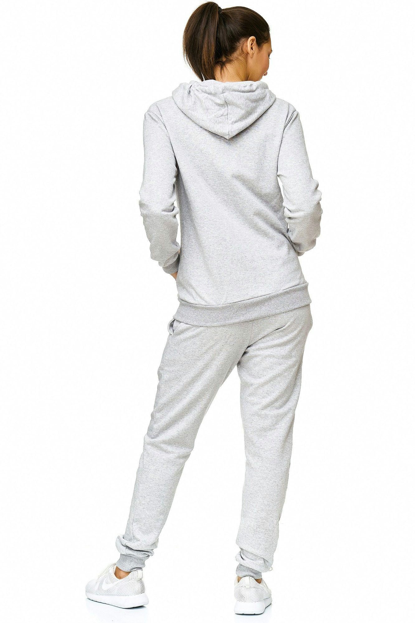 L.gonline Freizeitanzug Damen Jogginganzug einfarbig 100% Baumwolle 586 Grau 3XL (Kapuzenjacke mit Reißverschluss, Hose, 2-tlg), Fitness Freizeit Casual – Bild 4 von 5