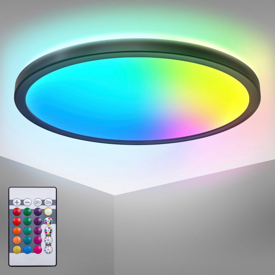 cm Farbwechsel, LED BK_PL1553 RGBW Backlight, Deckenlampe, mit Ultraflach, Schwarz, Fernbedienung, mit Deckenleuchte fest B.K.Licht Dimmbar, LED mit Neutralweiß, (DxH) 29x3 RGB, integriert, Panel, LED