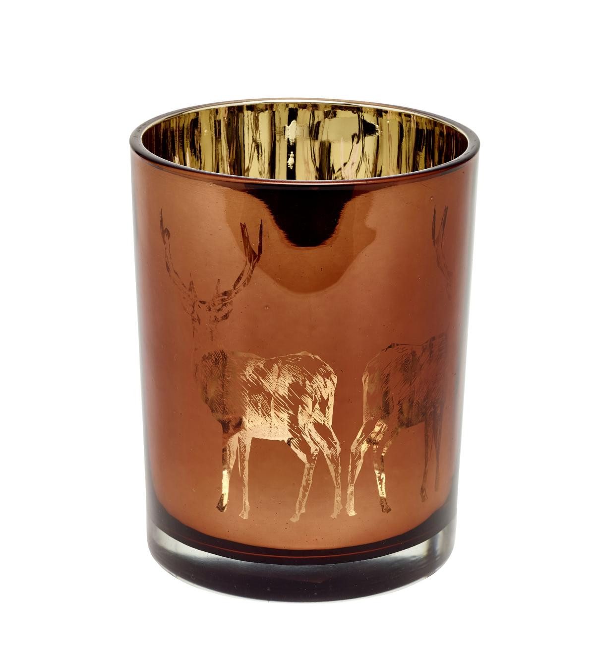 EDZARD Windlicht Dian, Glas, Hirsch-Motiv, kupferfarben, H 12,5 cm, Ø 10 cm