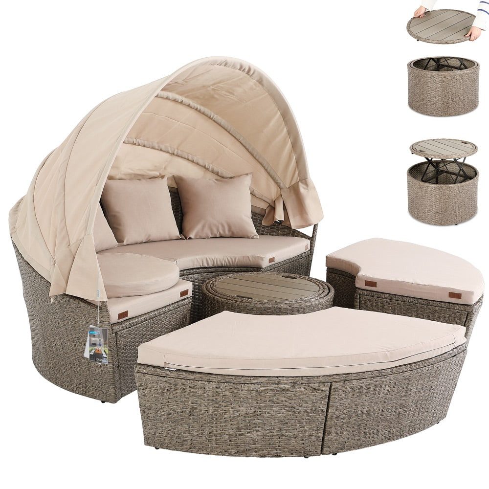 Casaria Sonneninsel Beige, 185cm Sonnenliege Polyrattan mit Tisch Wetterfest Kissen Gartenliege