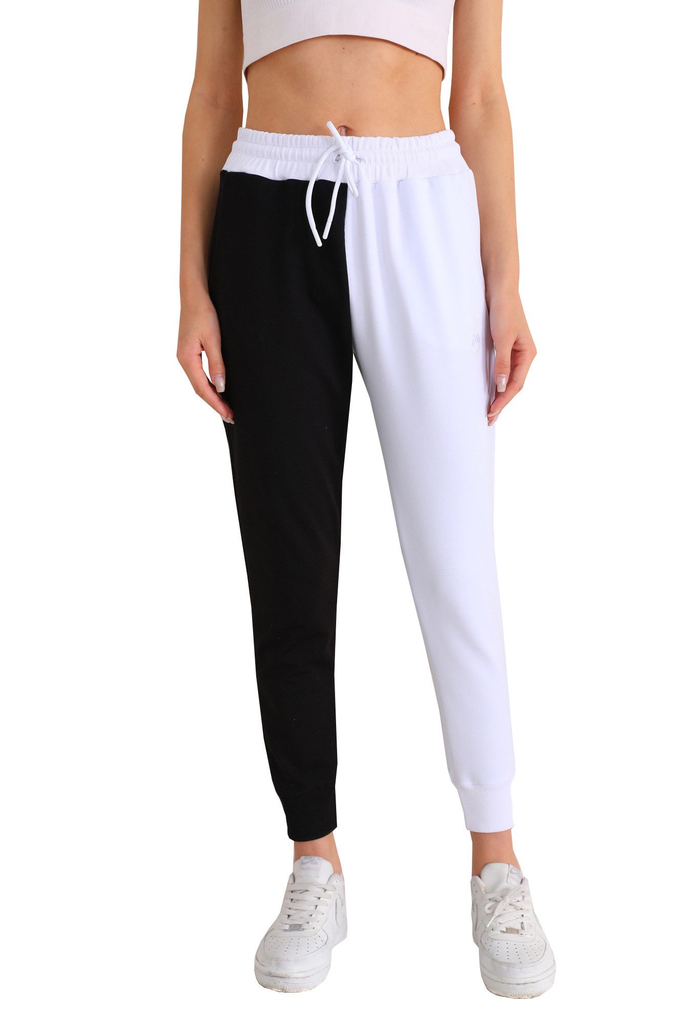 Bongual Loungehose zweifarbige Relaxhose mit Rippbündchen schwarz-weiß günstig online kaufen