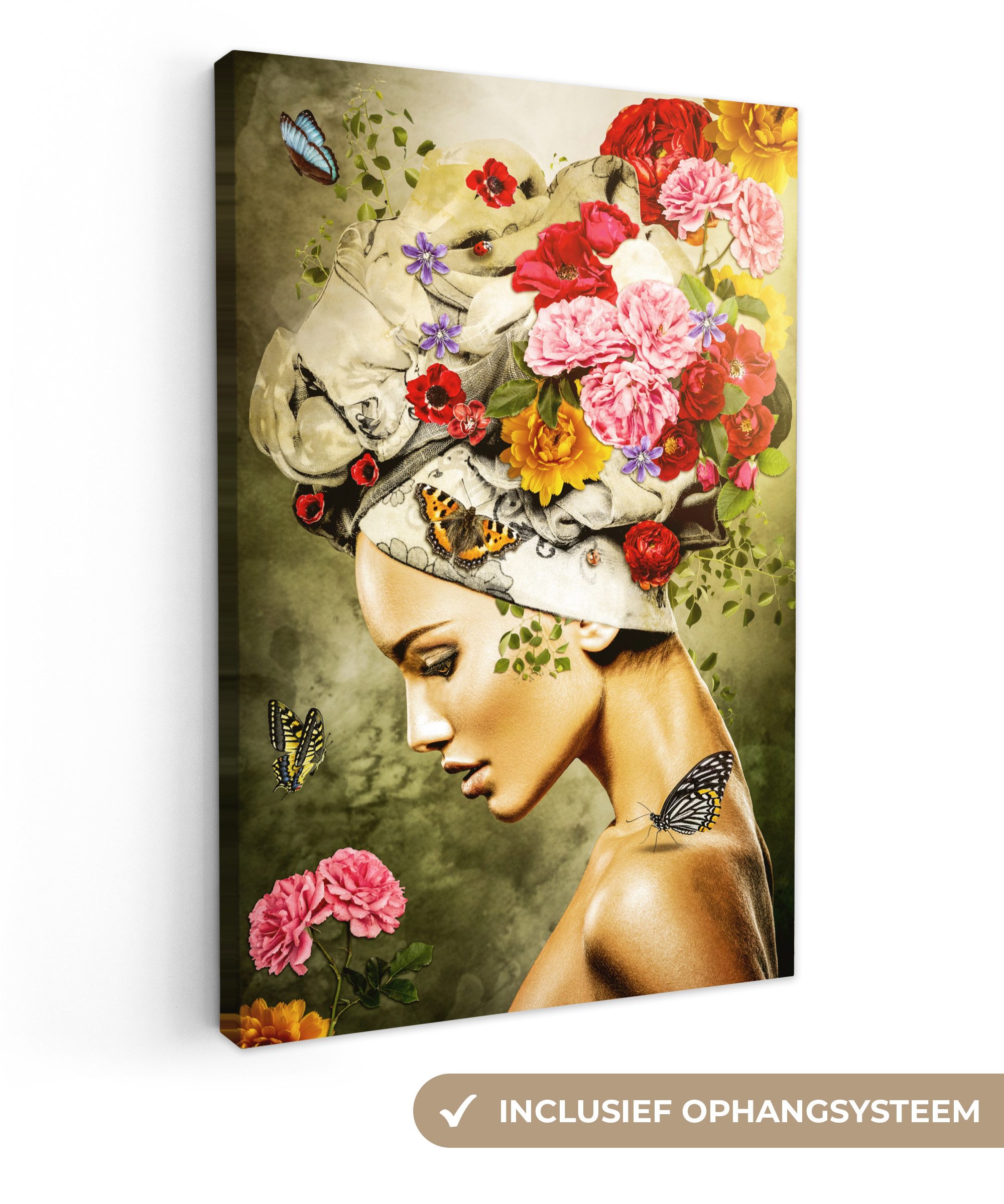 OneMillionCanvasses® Leinwandbild Frau - Blumen - Farben - Schmetterlinge - Rosen - Kopftuch, Fotodruck (1 St), Leinwand Canvas Wandbild, Wanddekoration 20x30 cm