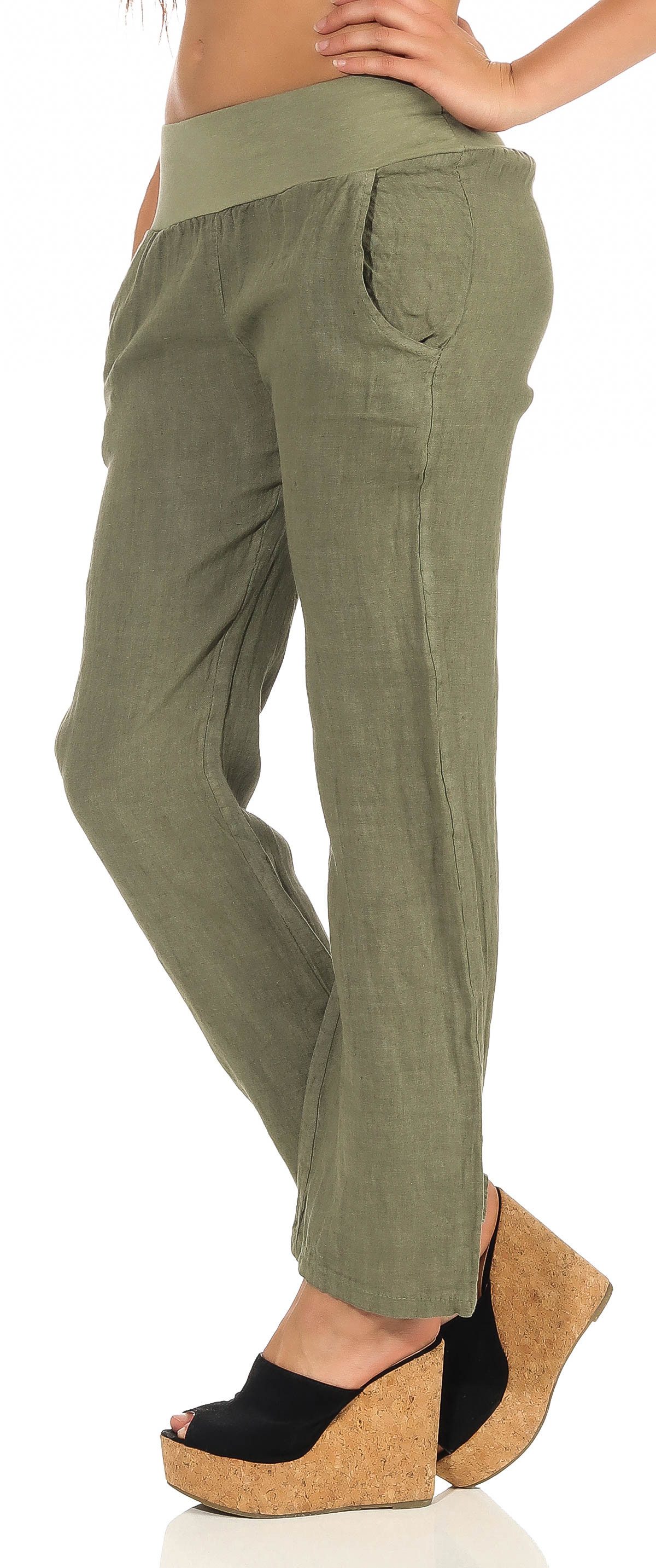 malito more than fashion Leinenhose malito Damen Hose aus Leinen, Stoffhose in Uni Farben, Freizeithose leichte Stoffhose mit elastischem Bund