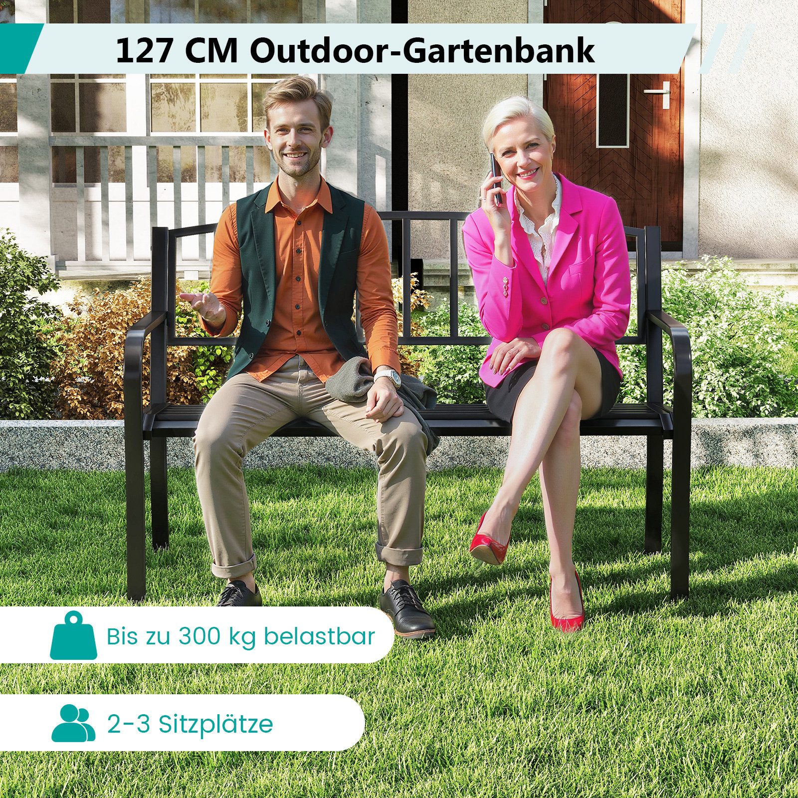 COSTWAY Gartenbank, Sitzbank 3-Sitzer aus Metall bis 300kg belastbar, 127cm