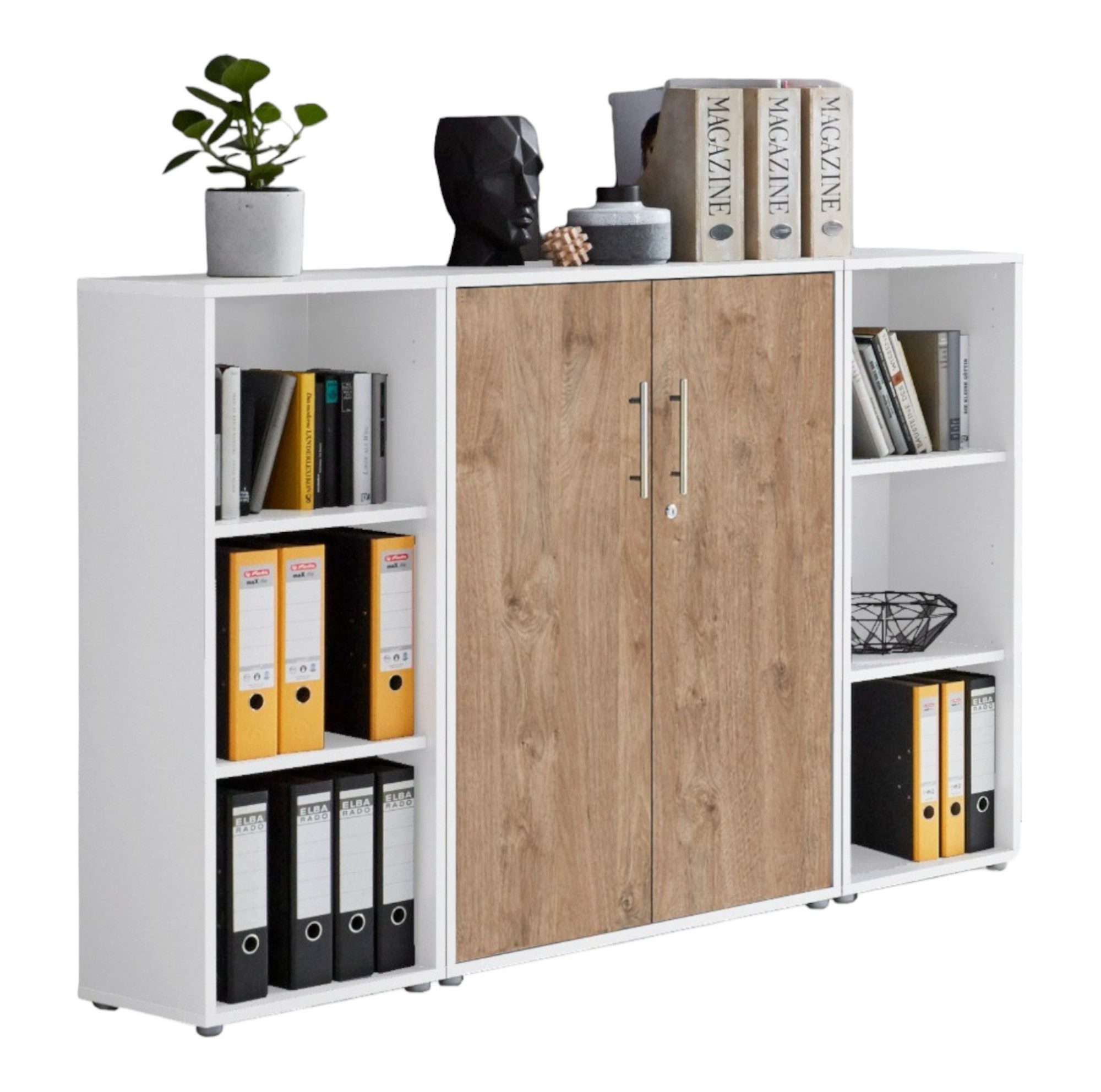 BMG Möbel Aktenschrank Office Edition Set2 (3-teiliges Büroschrank-Set, bestehend aus 2x Regal, 1x Aktenschrank) mit abschließbaren Türen, wählbar aus 15 Farbkombinationen