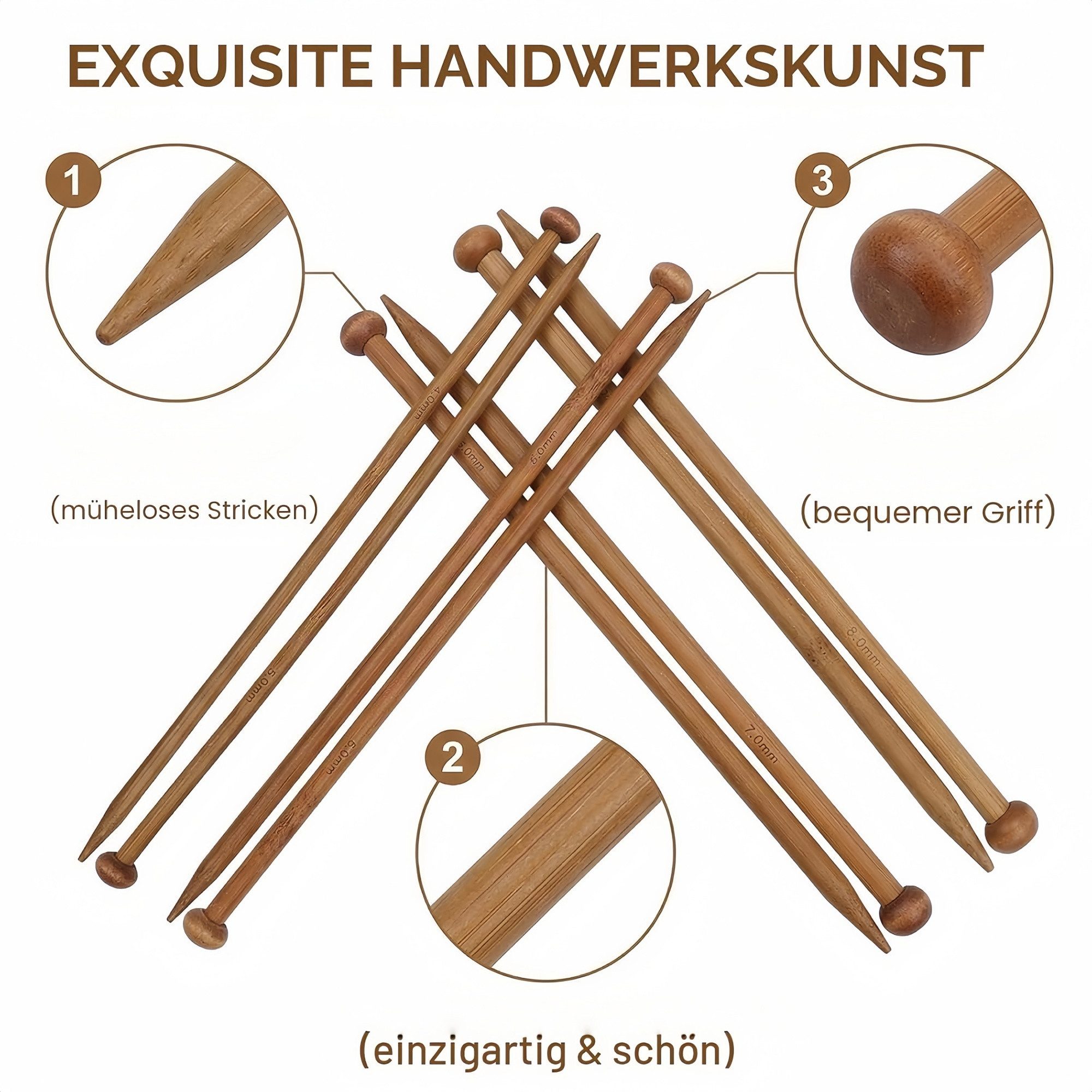 FOUORTUNATE-BEE Stricknadeln 25 cm Holzstricknadeln Set, verschiedene Größen für Schal & Mütze, 10 St., Holzstricknadeln 25 cm im Set für Anfänger und Profis – Bild 3 von 5