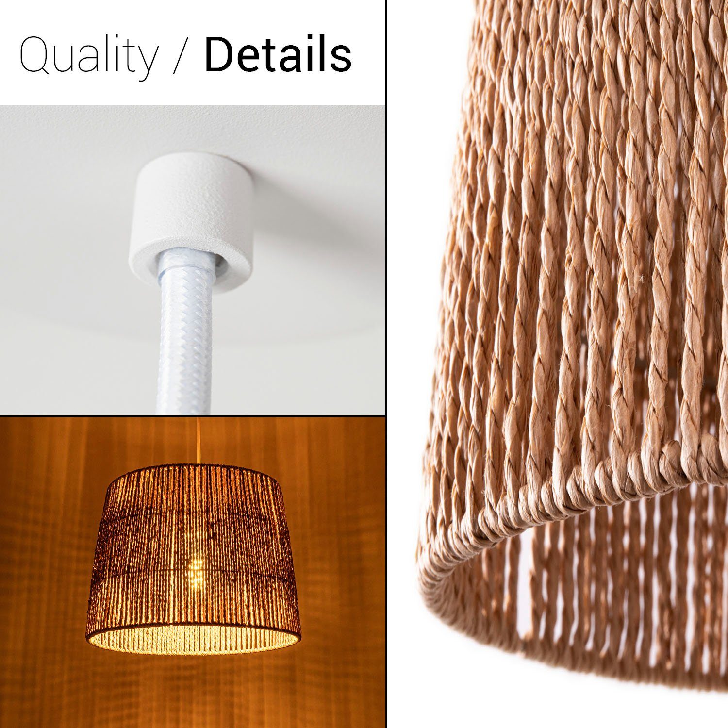 Lampenschirm Amadeo, Wohnzimmer natur Paco ohne Hugo Rattan Home Esszimmer Optik Papier Leuchtmittel, Boho Pendelleuchte weiß