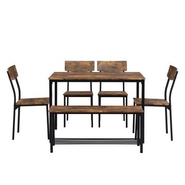 Celya Esszimmerstuhl Esstisch Stuhl und Bank Set 6 Holz Stahlrahmen,Küche Esstisch Set, 1*Tisch+4*Stühle+1*Schemel, Industrie Stil