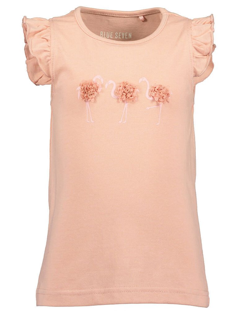 Blue Seven T-Shirt 702400 Kinder Mädchen T-Shirt Tiermotiv Flamingo - Kurzarm Sommershirt Baumwolle, 3D-Blütenapplikation, Verspielte Rüschenärmel, Atmungsaktiv