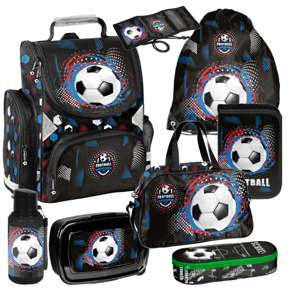 PASO Schulrucksack Mega-Set XXL Football 8 - tlg. (Rucksack + Turnbeutel + Federmäppchen + Lunchbox + Trinkflasche + Sporttasche + Etui + Geldbörse, 8-tlg), Klassen 1–4
