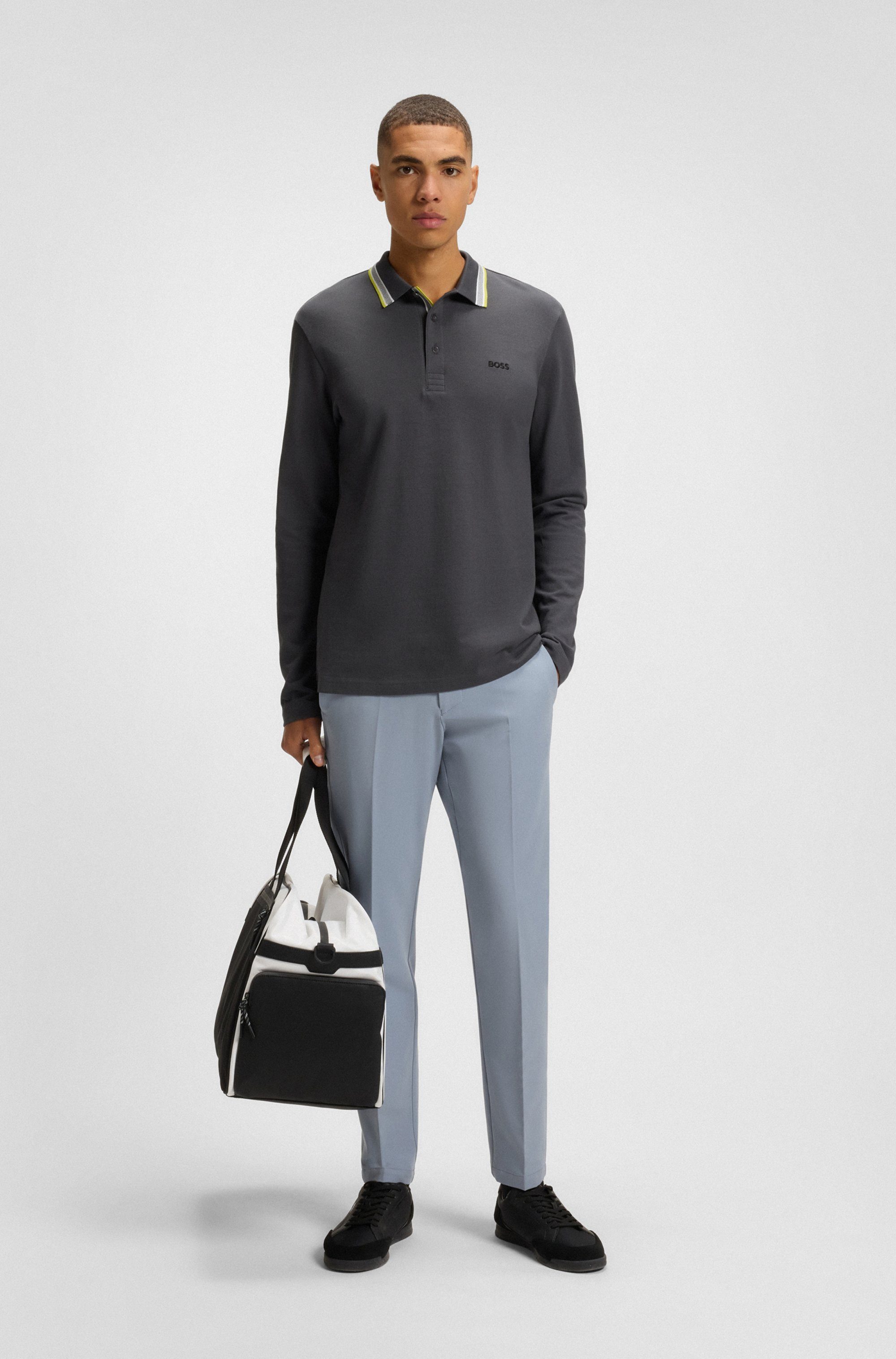 BOSS GREEN Langarm-Poloshirt Plisy mit Streifen am Kragen