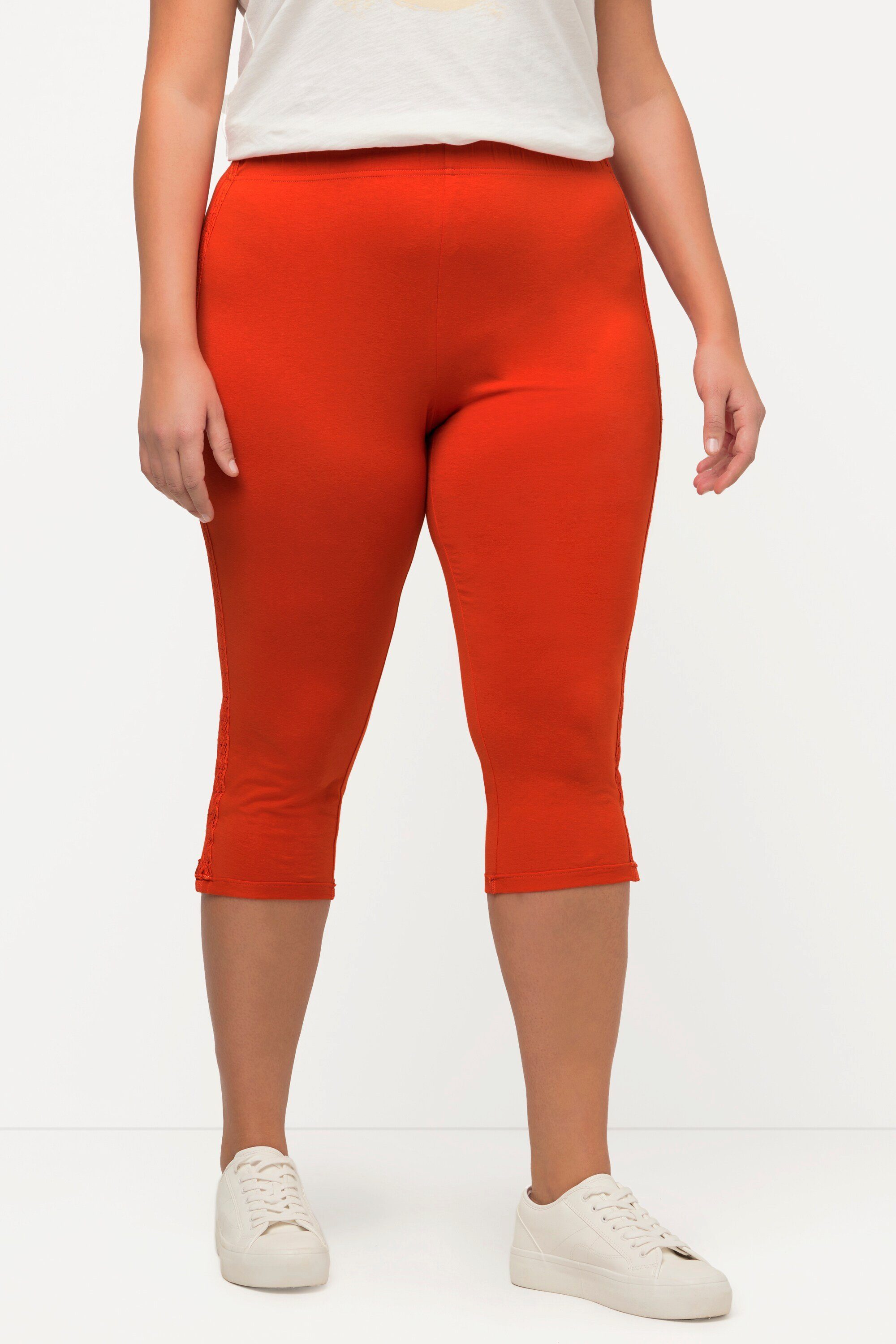 Ulla Popken Lederimitathose Capri-Leggings dunkelorange seitliches Spitzenband Biobaumwolle