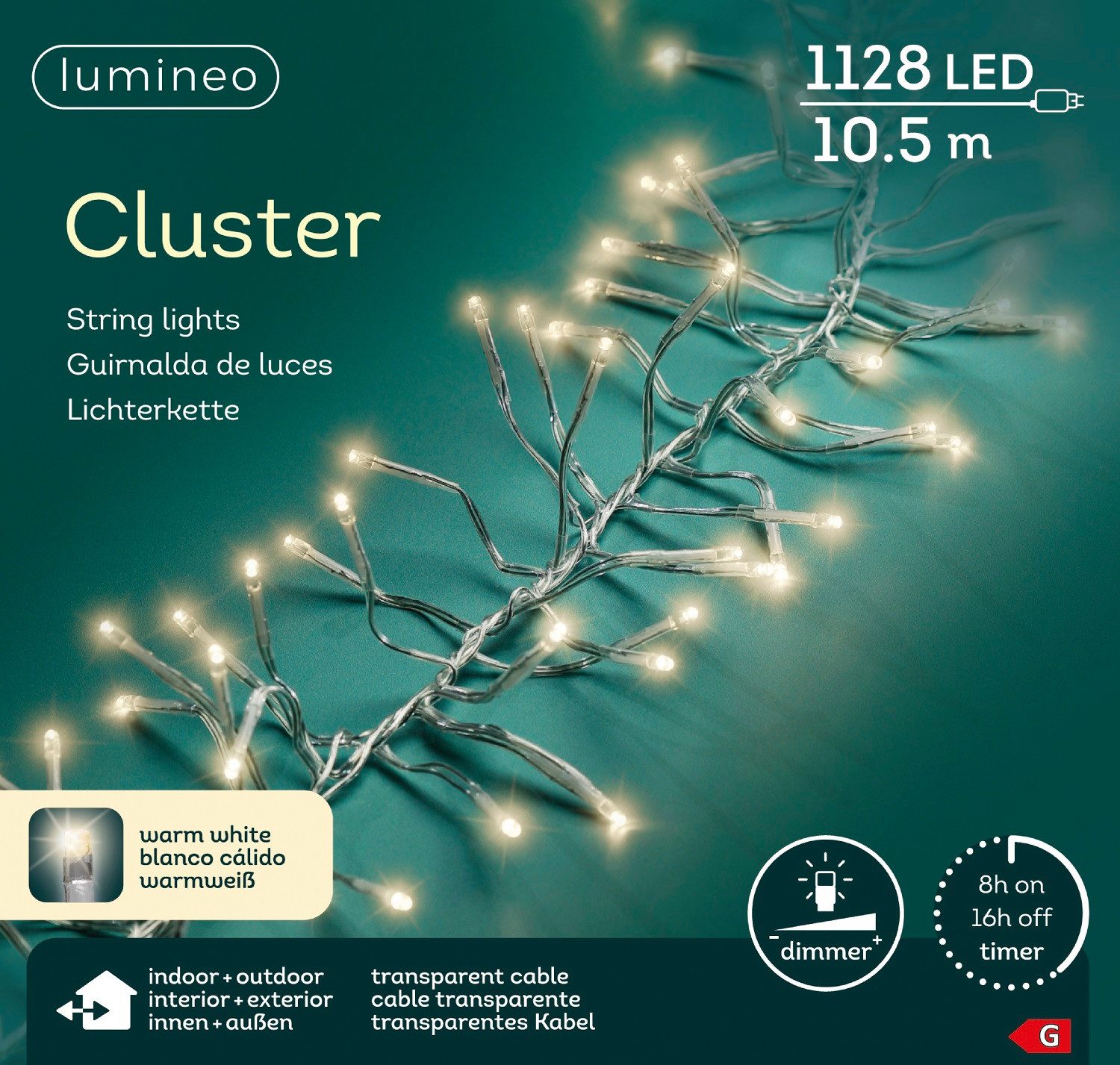 Lumineo LED-Lichterkette Lumineo Lichterkette CLUSTER 1128 LED 10,5 m warm weiß, transp. Kabel, Indoor/Outdoor, dimmbar, 8h-Timer, + 5 m Zuleitung