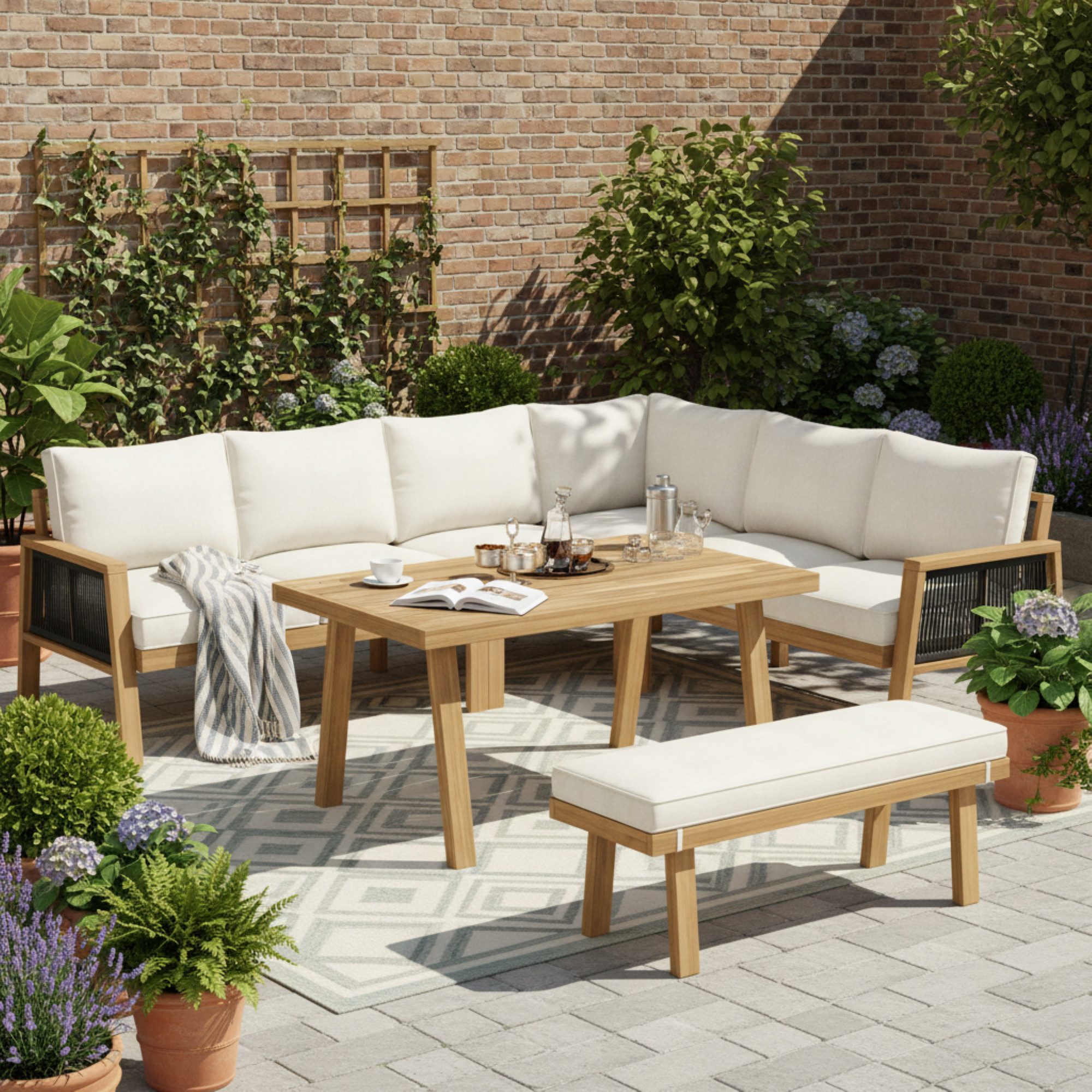 Merax Gartenlounge-Set Balkonmöbel Gartenmöbel-Set aus Akazienrahmen & geflochtenem Seil, (3-tlg), 8-Sitzer Sitzgruppe mit Ecksofa,Bank,Couchtisch mit Akazientischplatte