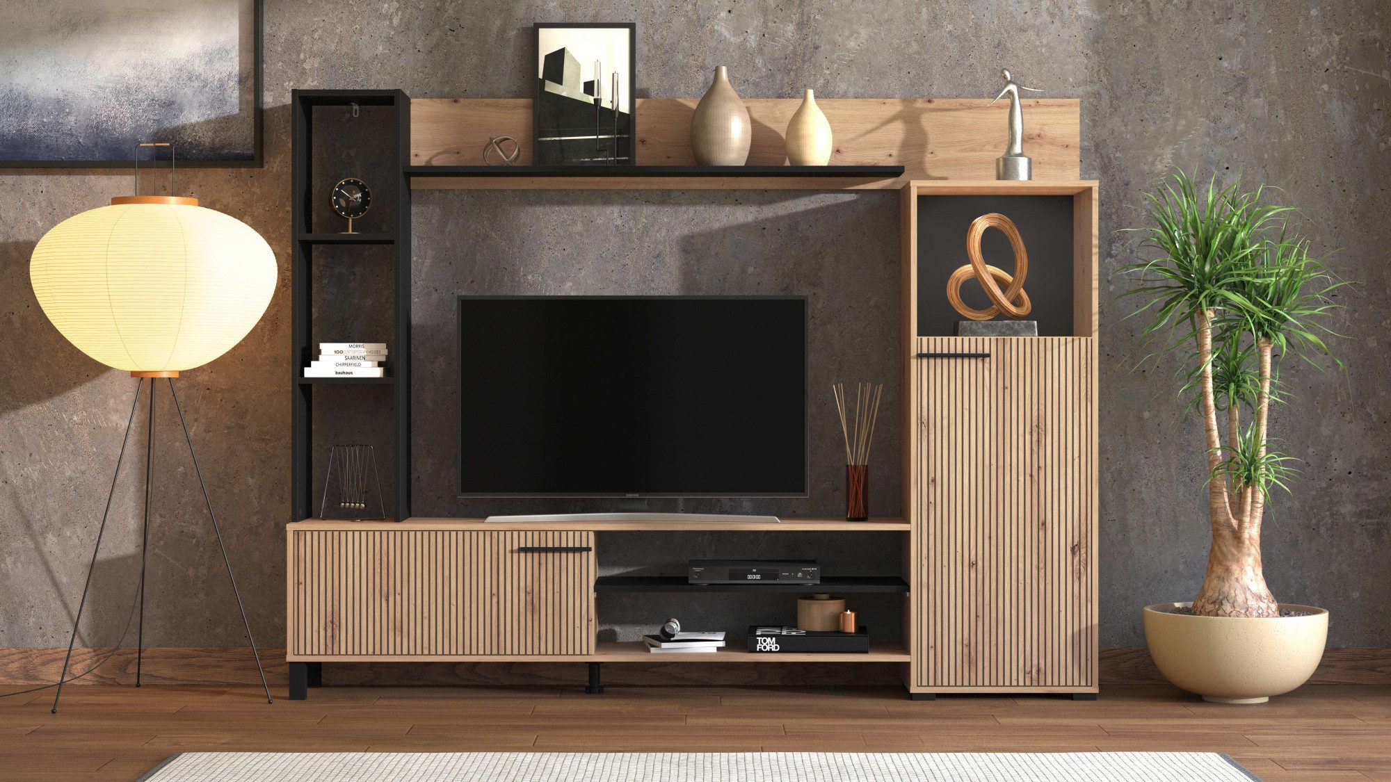 INOSIGN Wohnwand Retimno, inkl. Highboard, TV-Board, Standregal und Wandregal, (Komplett-Set, 4-St), 208 cm, Trendfarben, mit dekorativen schwarzen Streifen, TV bis 58'