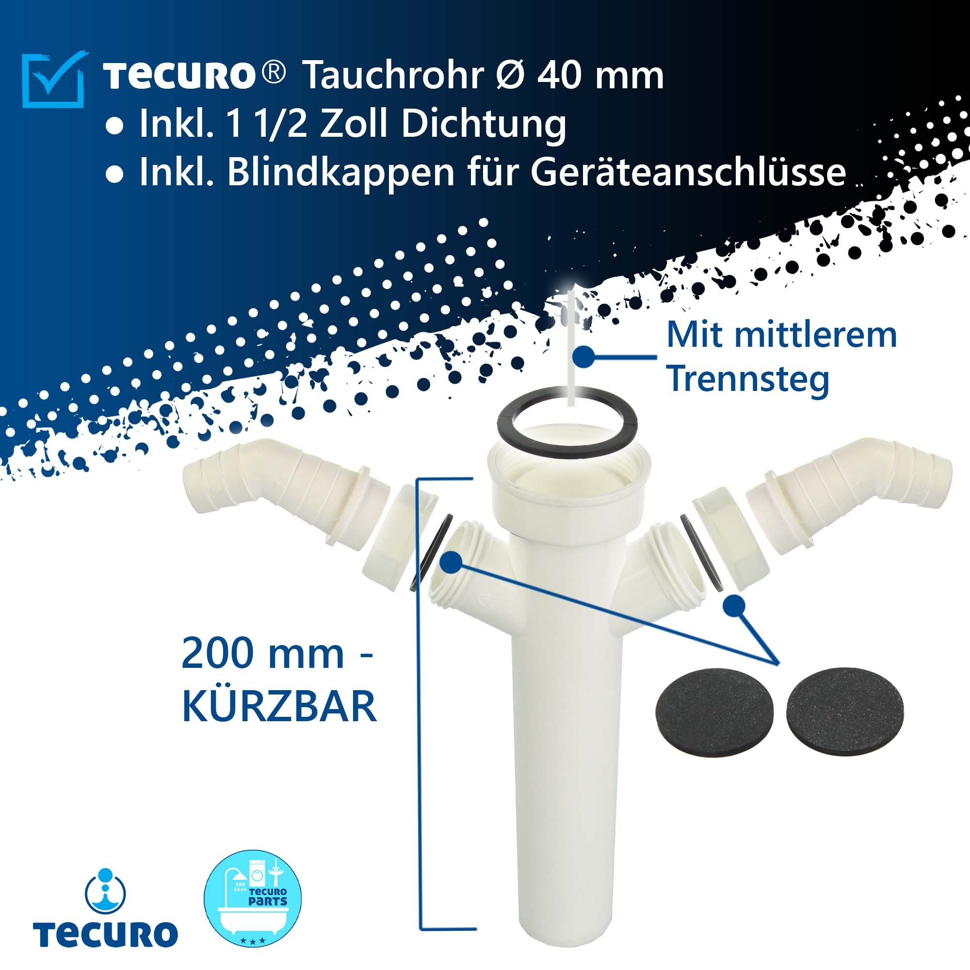 tecuro Siphon Tauchrohr Ø 40 x 250 mm mit Geräteanschluss für Spülensiphon, 2 Geräteanschlüsse