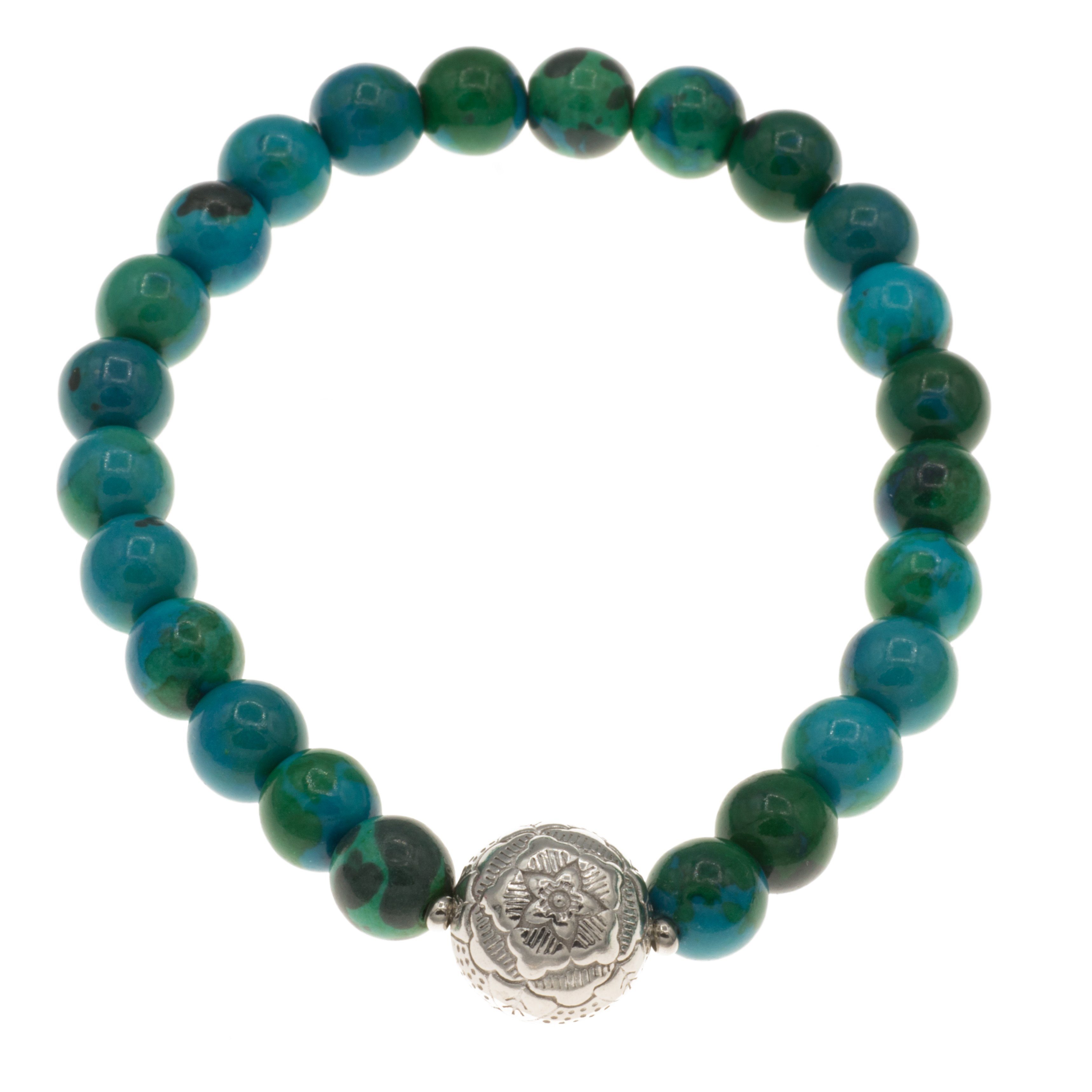 Perlenarmband Armband mit Chrysokoll Edelstein Perlen und Silber Perle Blume