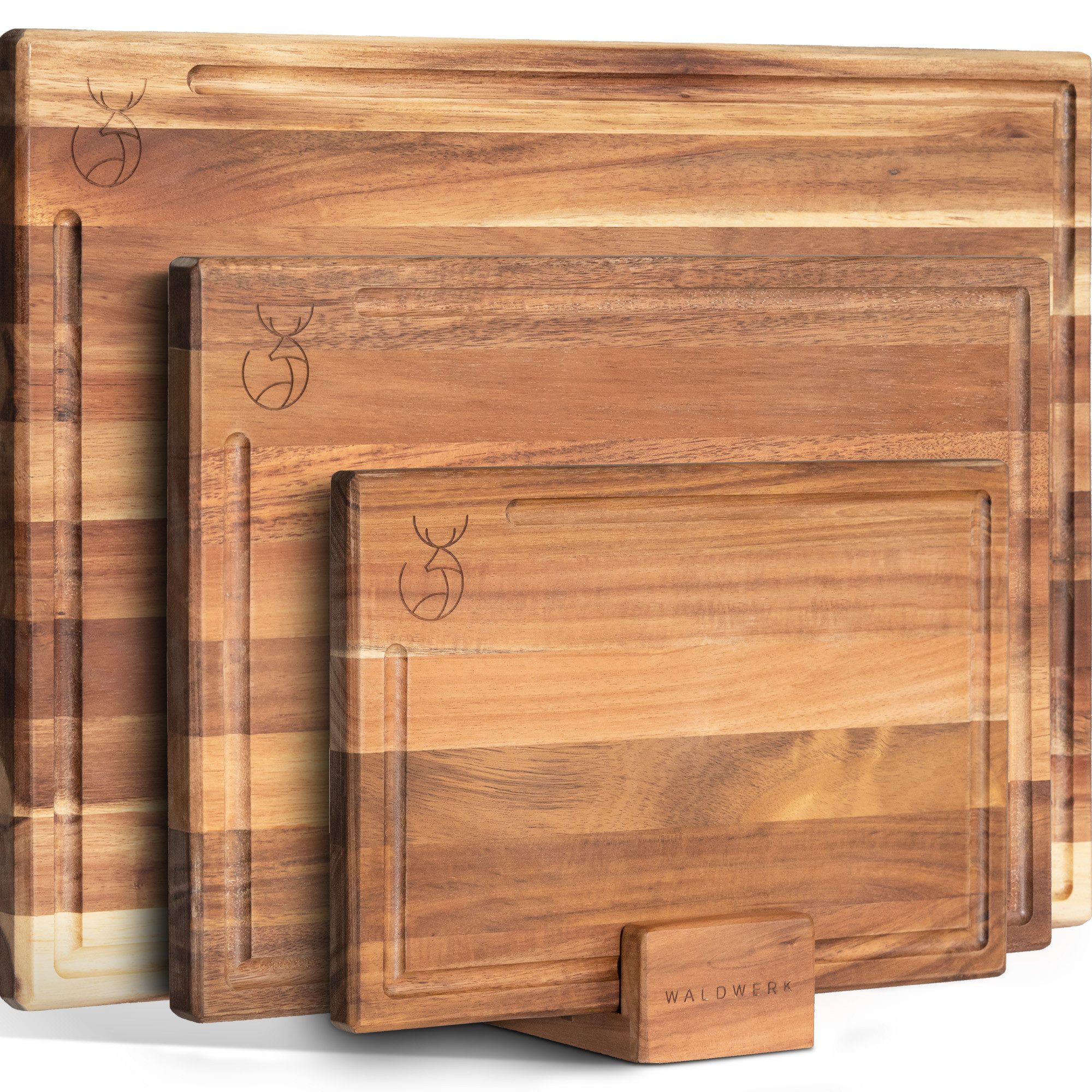 Waldwerk Schneidebrett Schneidebrett 3er Set (40x30 / 33x24 / 26x18cm) aus massiver Akazie, (3-St), Set mit Brettständer - 2cm dicke Holzbretter mit Saftrille