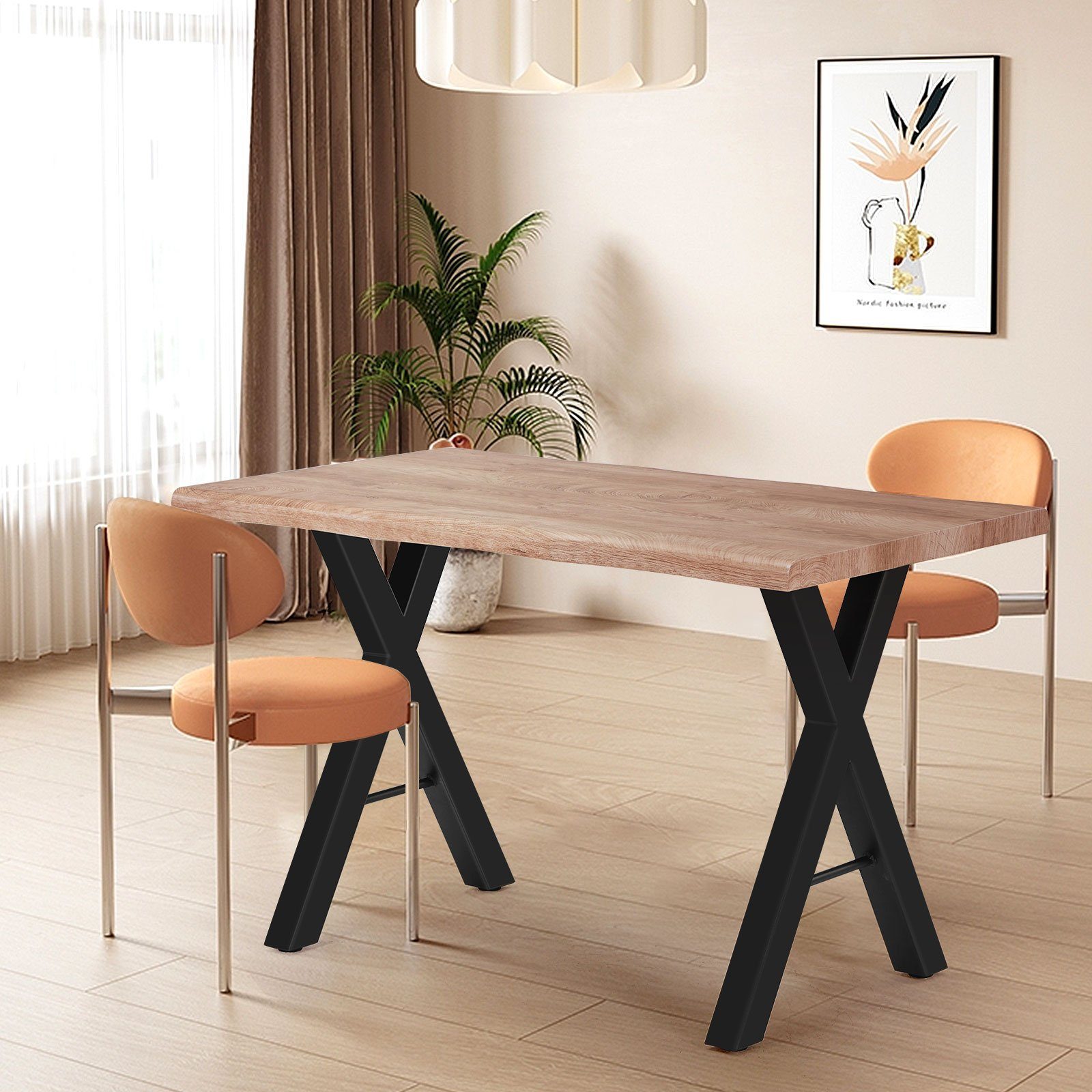 Merax Esstisch, aus Holz mit Stahlrahmen, Arbeitstisch 4 cm dicke Tischplatte Eiche | Eiche