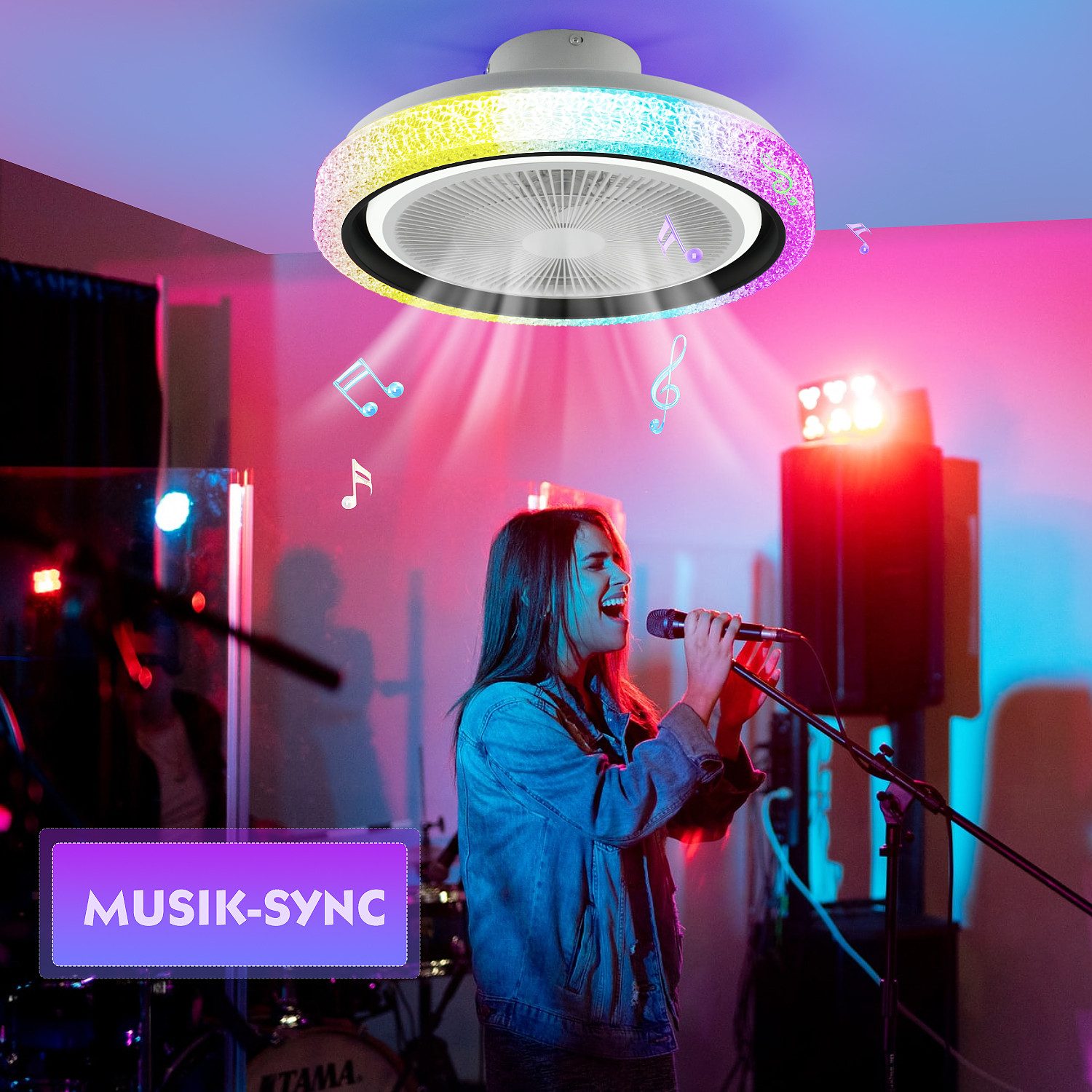 oyajia Deckenleuchte 50W RGB LED Deckenleuchte mit Bluetooth Lautsprecher, Deckenventilator, Luftzirkulationsfunktion, LED fest integriert, RGB Farbwechsel (3000~6500K), Dimmbar LED Deckenventilator Leuchte,für Schlafzimmer Küche Hotel