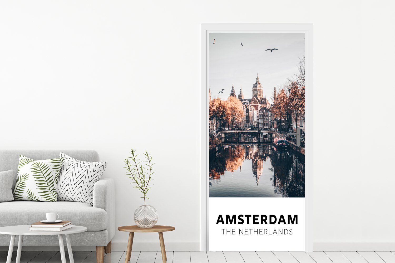 MuchoWow Türtapete Amsterdam - Niederlande bedruckt, 75x205 - Türaufkleber, Bäume, (1 cm Architektur Matt, für Tür, Fototapete - St)