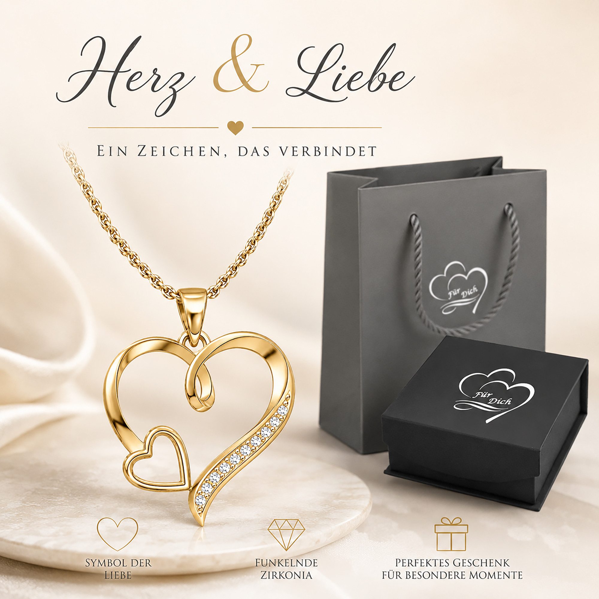 Limana Herzkette Liebesbeweis Schmuck Damen 925 Silber gold vergoldet Halskette (Geschenk Frau Freundin, Kette mit Anhänger inkl. Dose Tasche), Geburtstag Jahrestag Hochzeitstag Weihnachten Muttertag Valentinstag
