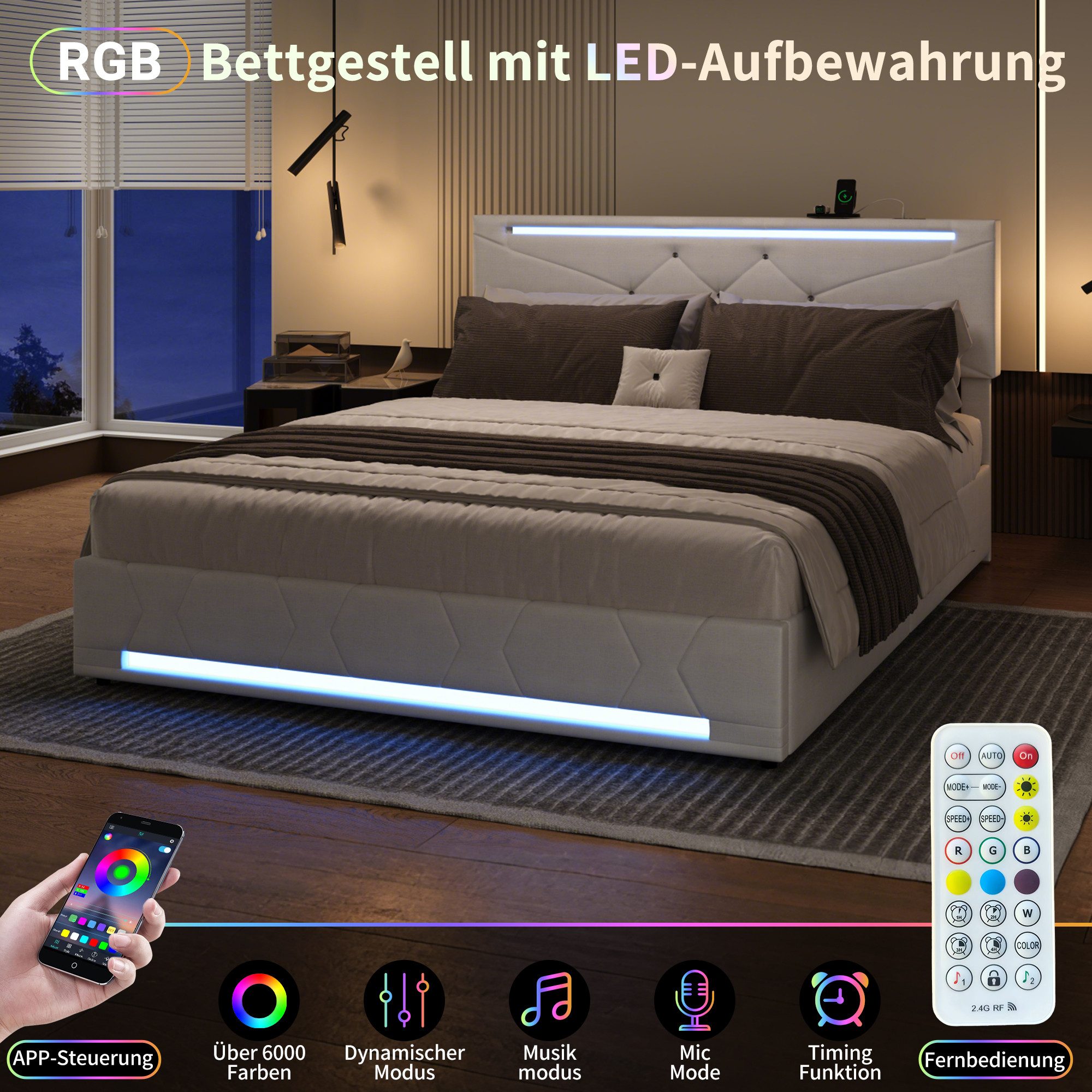 ADWOLT Polsterbett Hydraulisches Doppelbett mit LED Beleuchtung und Ladefunktion (Set, 1-tlg., Ohne Matratze), 140x200 cm Jugendbett Stauraumbett, Leinen Beige