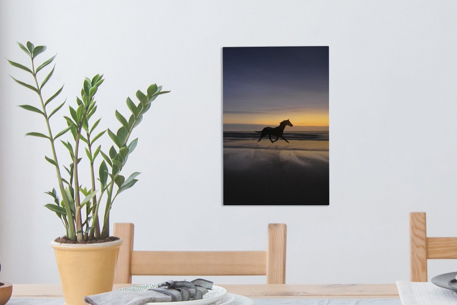 Sonnenuntergang, Gemälde, OneMillionCanvasses® fertig cm Leinwandbild - - Strand inkl. bespannt Leinwandbild St), Pferde 20x30 Zackenaufhänger, (1