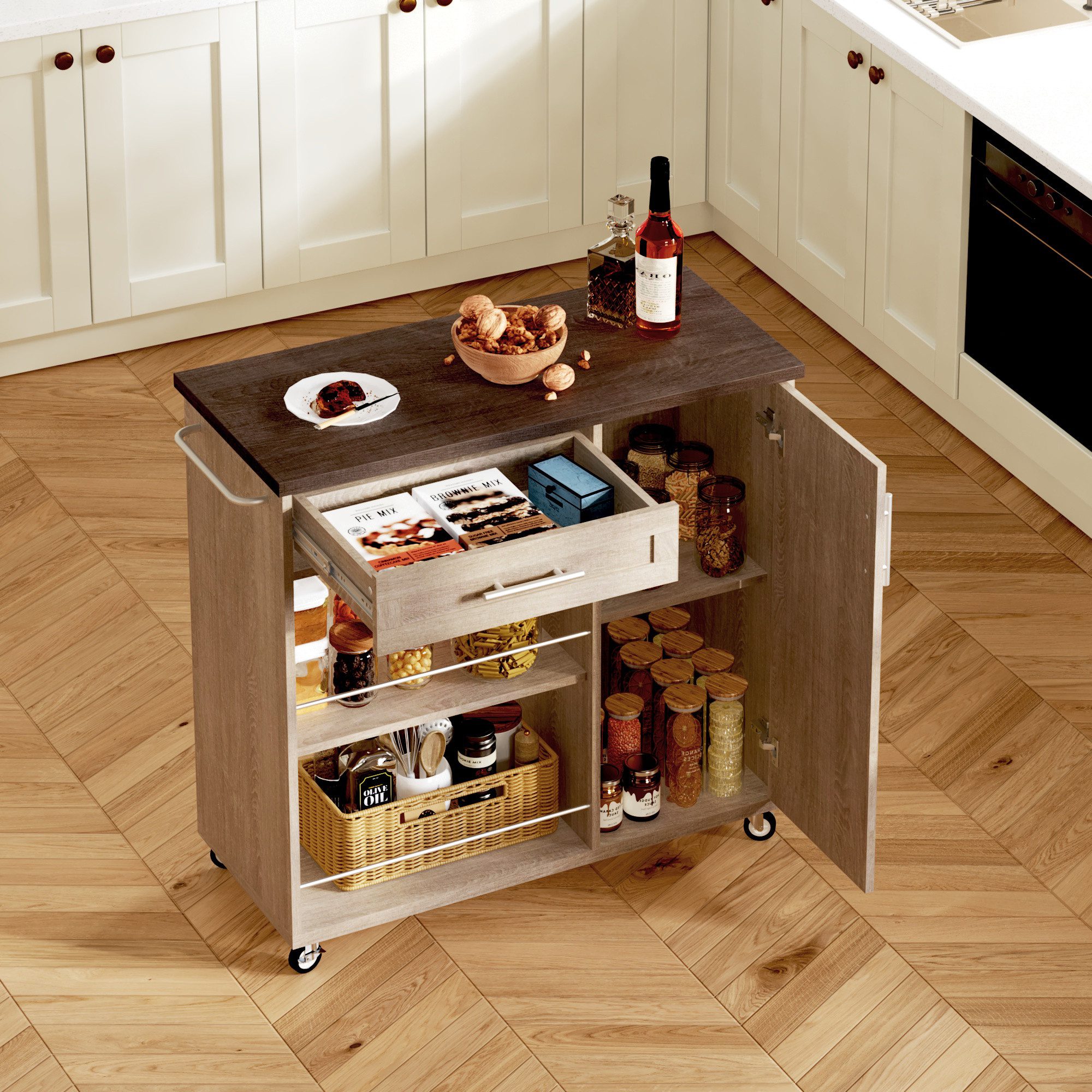 Küchenwagen 90x62x90 cm Küchentrolley, Arbeitsplatte, Schublade & Schrank