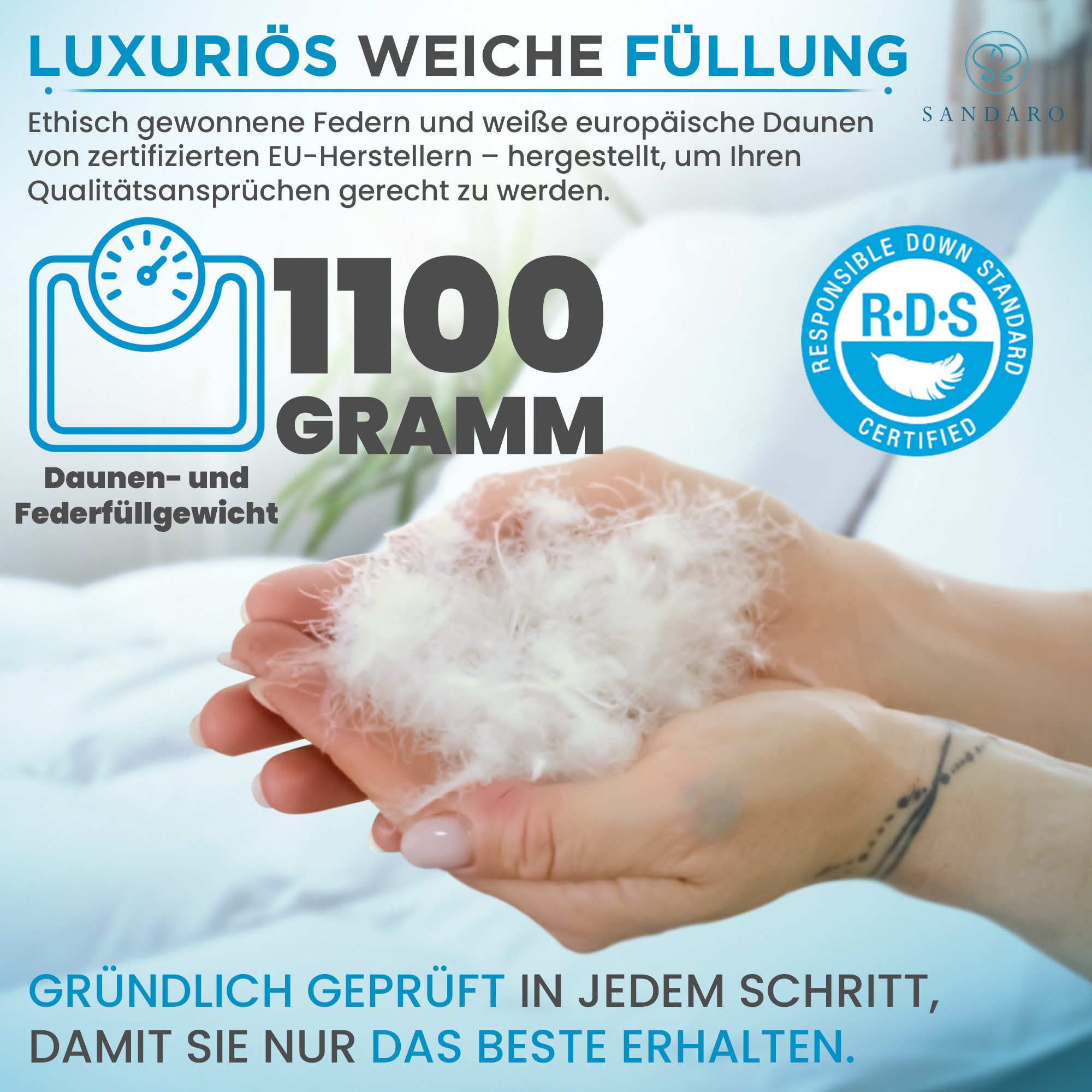 Sandaro Home Daunenbettdecke 135x200 cm, 1100 gr, Natur-Daunen Ganzjahresdecke, Füllung: 70% Daunen/ 30% Federn, Bezug: Baumwolle, Allergiker geeignet