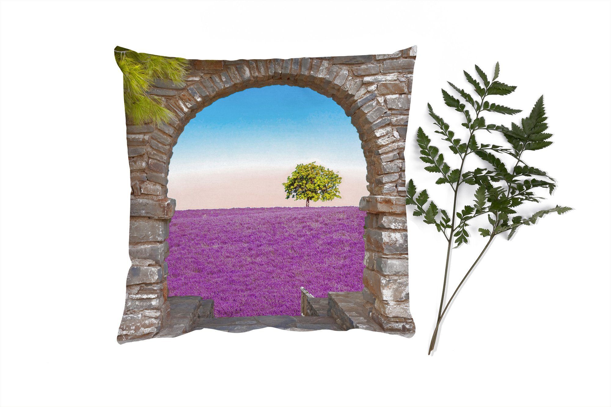 MuchoWow Dekokissen Blumen - Lavendel - Baum - Ansicht, Zierkissen mit Füllung für Wohzimmer, Schlafzimmer, Deko, Sofakissen