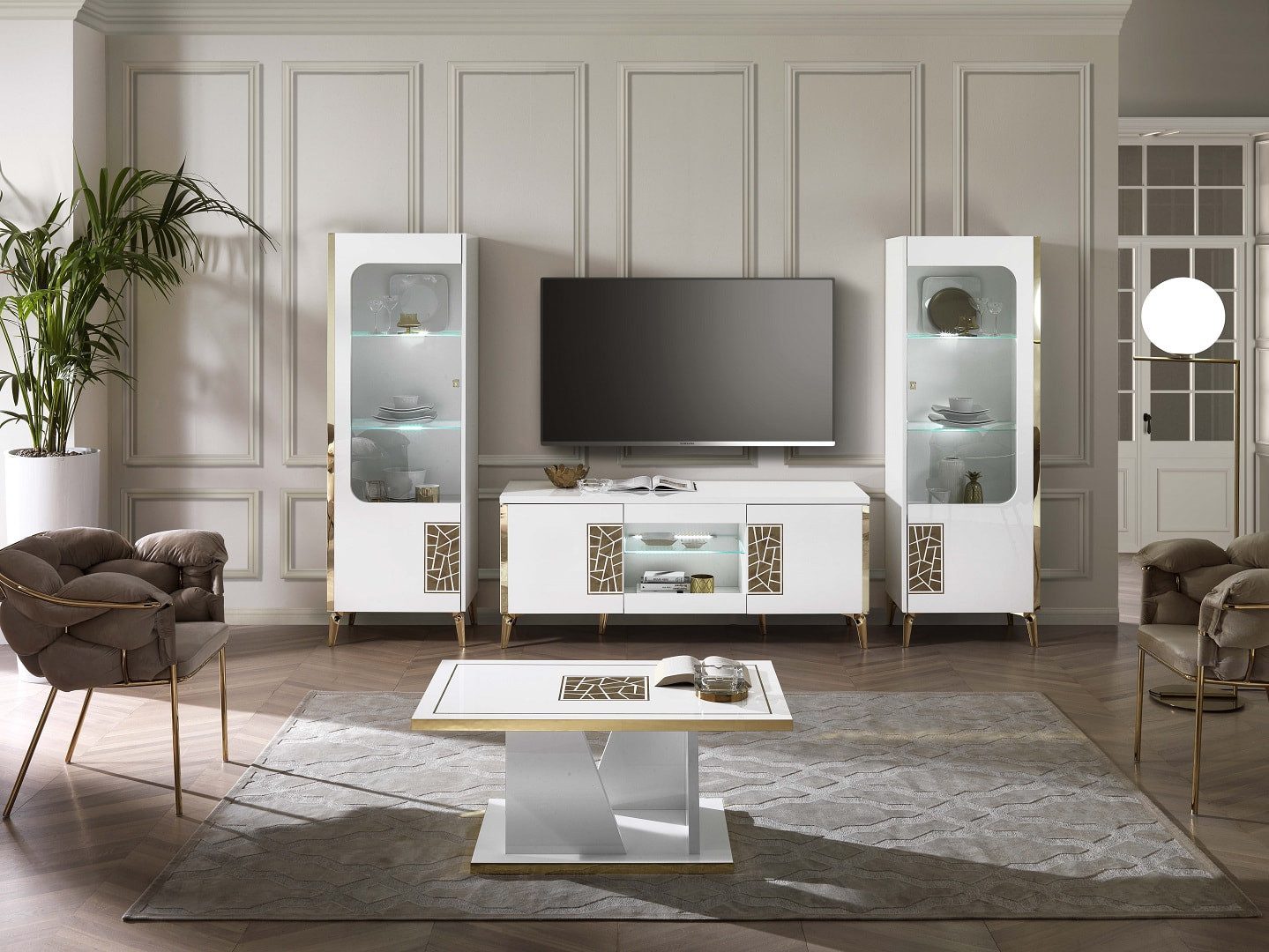 Interdesign24 Wohnwand Stella, (4-Teilig, in Weiß/Gold günstig online kaufen