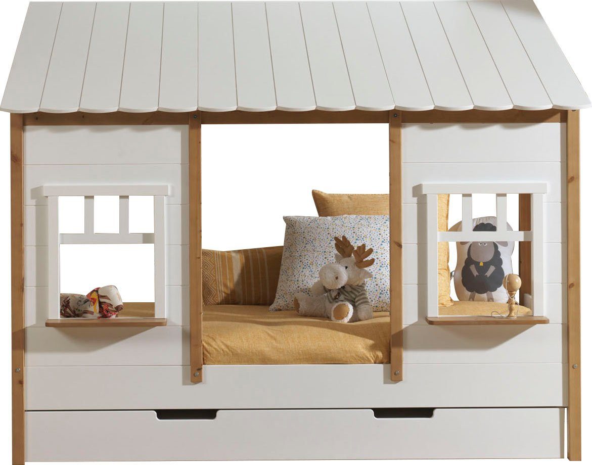 Vipack Kinderbett Hausbett, aus MDF und Massivholz weiß lackiert mit farblichen Absatz (B/H/T ca. 214,5x174x107,5cm, vorne 2 Fenster, mit Liebe zum Detail), inkl. Rolllattenrost, wahlweise mit oder ohne Bettschublade auf Rollen