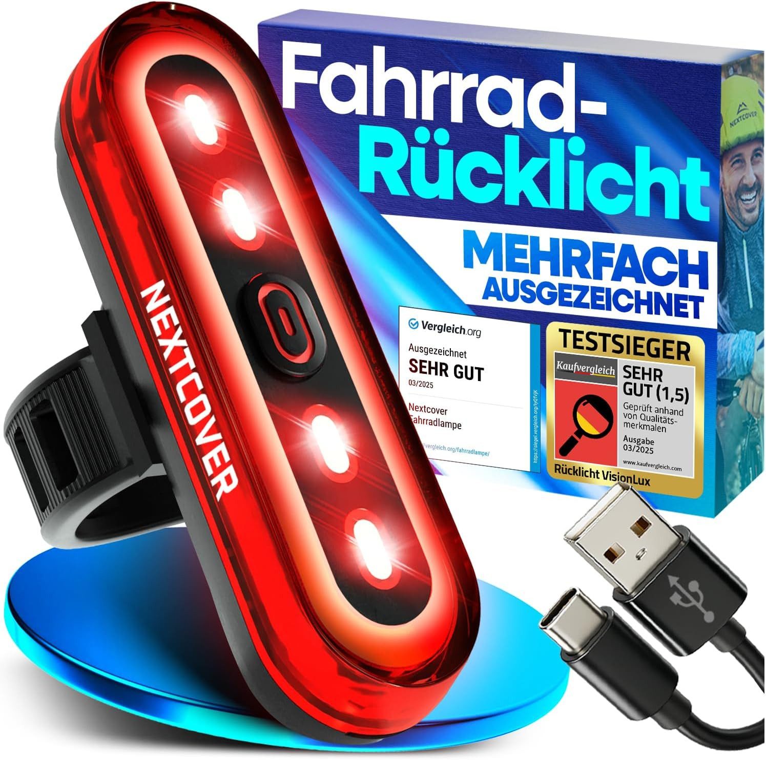 Nextcover Fahrrad-Rücklicht NEXTCOVER® BrakePro Fahrradrücklicht mit VisionLux LEDs und Bremslicht