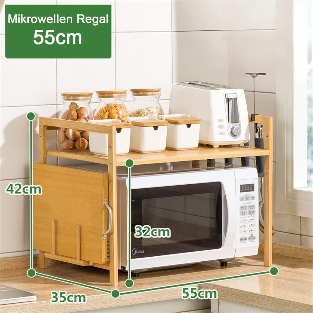 TUWENA Regalelement Bamboo Mikrowellen Regal mit Schneidebrettständer und 4 Hacken, Höhenverstellbar Mikrowellenständer für Arbeitsplatte