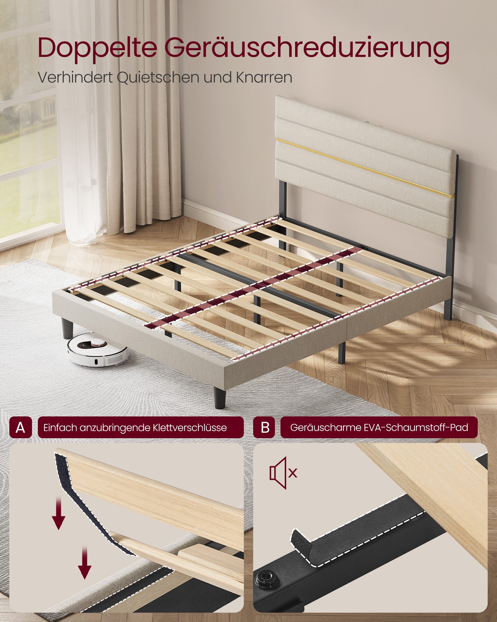 VASAGLE Polsterbett Doppelbettgestell verstellbares gepolstertes Kopfteil, Massivholz, modern, passend für 140 x 200 cm Matratze, Bettgestell – Bild 4 von 5