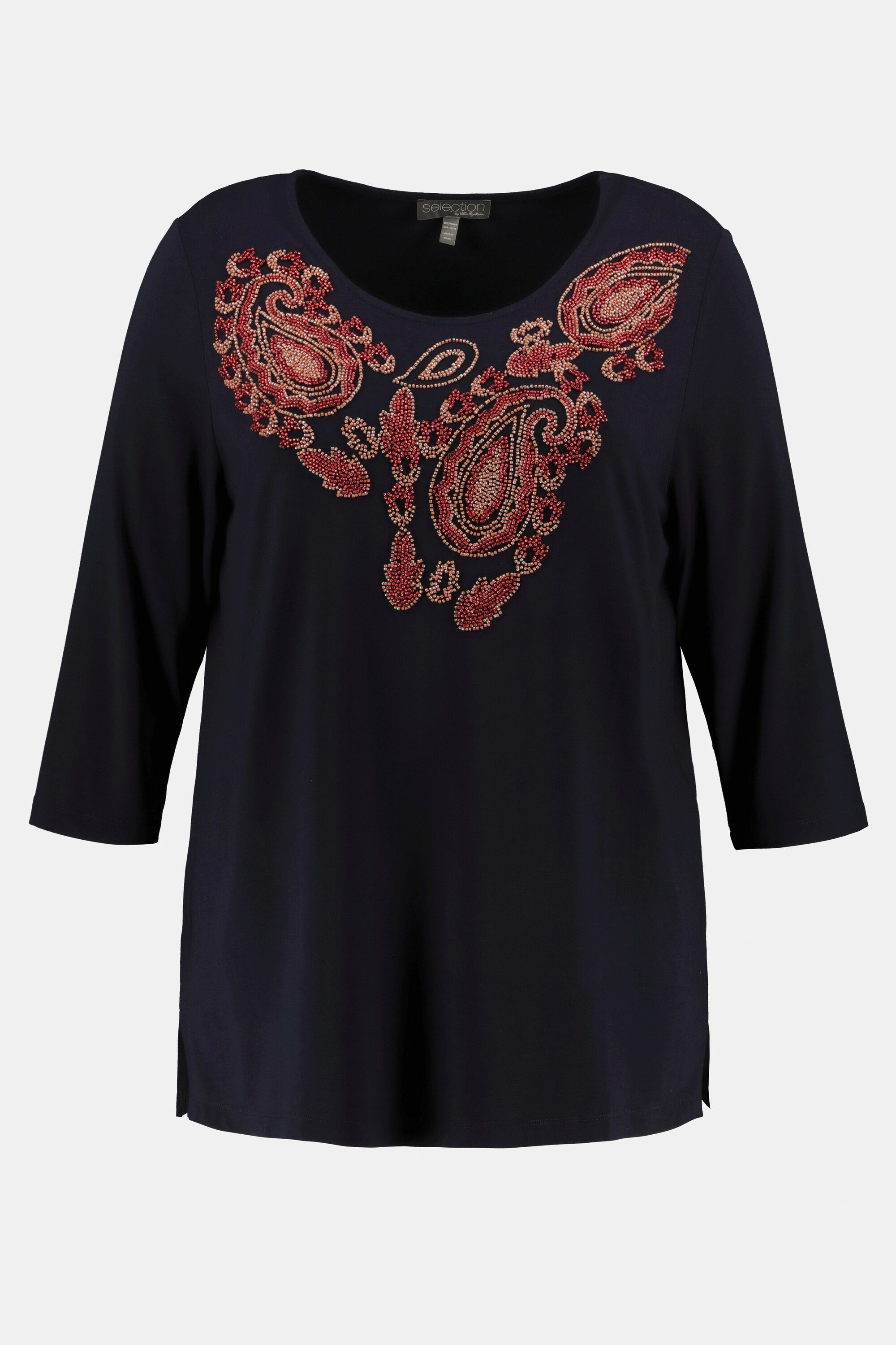 Damen Shirts Ulla Popken Rundhalsshirt Shirt Paisley-Design Perlen Classic Rundhals