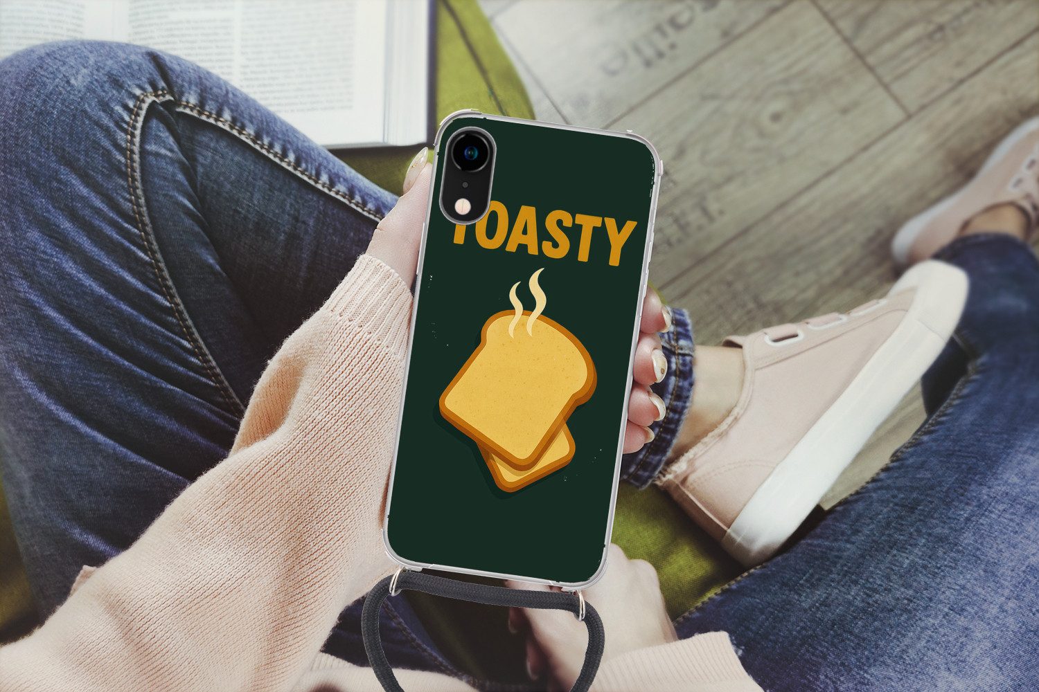 MuchoWow Handyhülle für Apple iPhone XR Brot - Toast - Grün - Minimalistisch, Tragbare Handyhüllen mit Kette zum umhängen, Handykette Handyband
