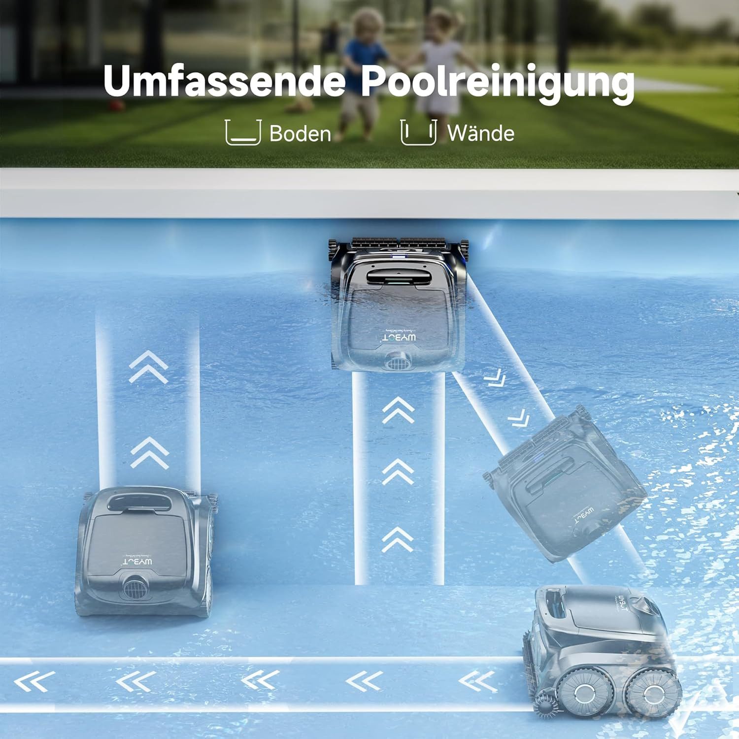 WYBOT Poolroboter B1 Kabelloser Poolsauger, für Boden & Wand & Wasserlinie, (Neuestes Modell 2026 –Poolreiniger, 120 Min Laufzeit, leicht tragbar), Weltweit erster Poolreiniger mit seitlichen Reinigungsbürsten